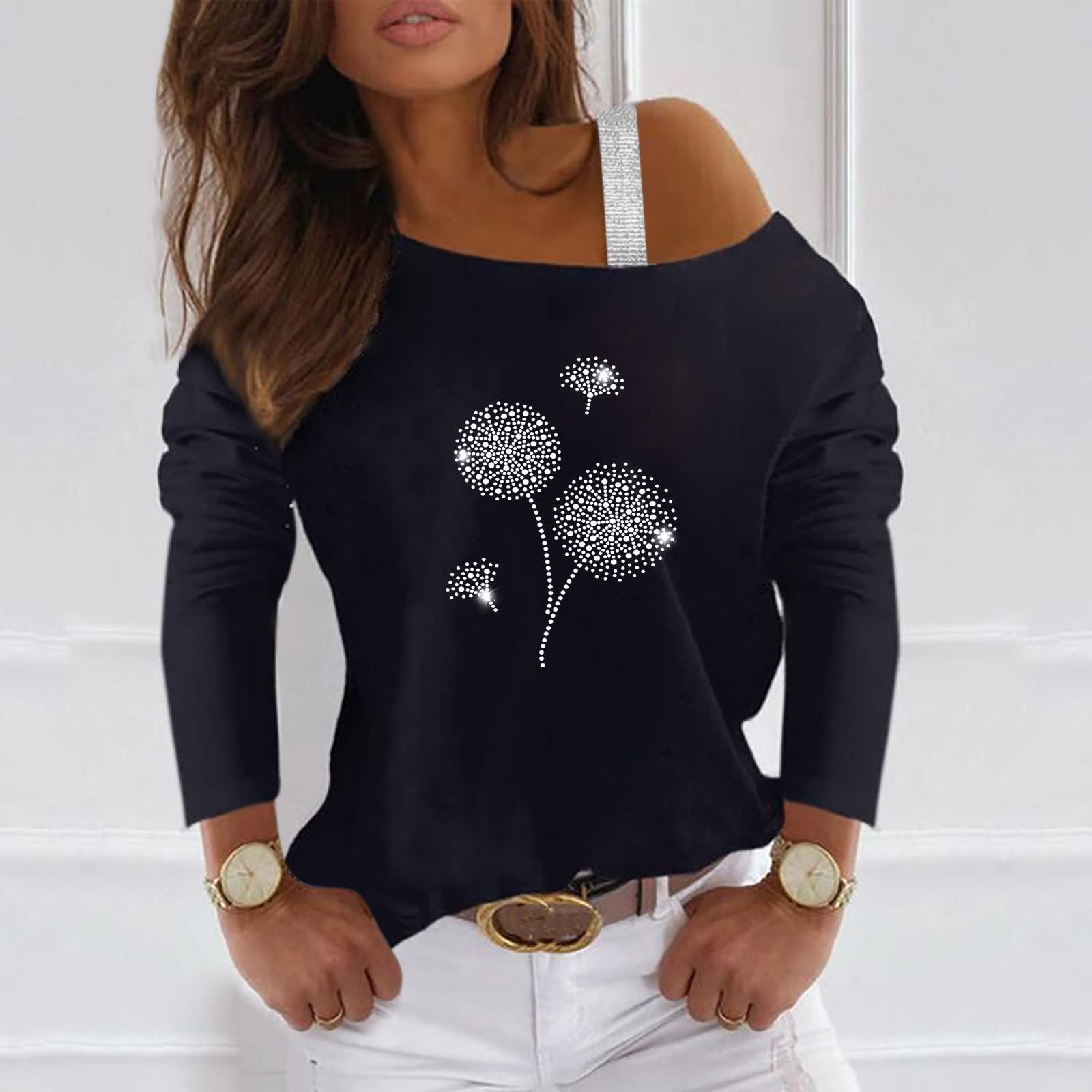 Women's Sequin Off Shoulder Blouse - Shiny Long Sleeve Tunic Top with Diamond Design | Trendy Pullover for Party, Night Out & Special Occasions