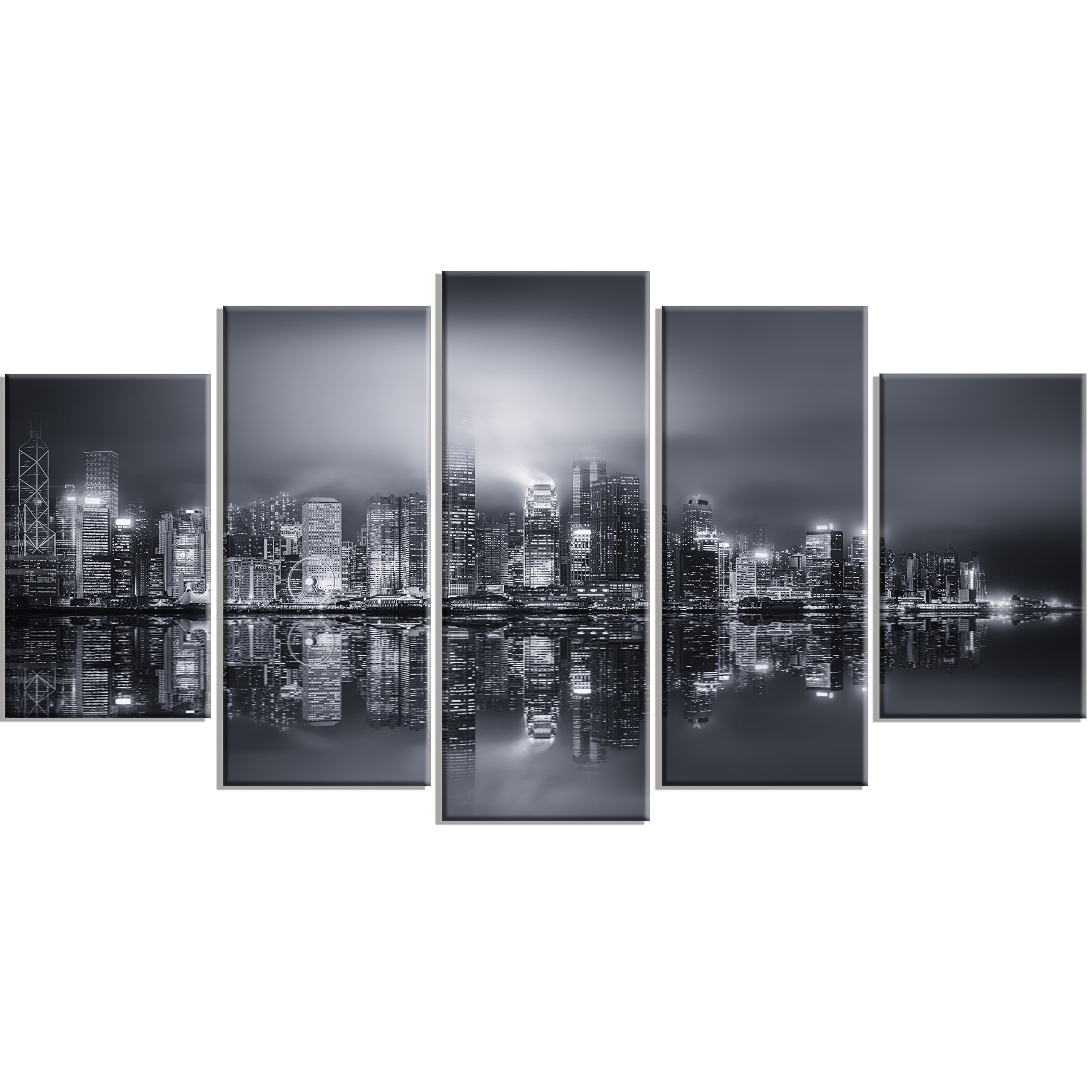 Hong Kong Black and White Panoramic Cityscape Canvas Art - 60x32 Inch 5-Panel Diamond Shape Wall Decor (PT10979-373) | Perfect for Living Room, Bedroom & Office Modern Art Display