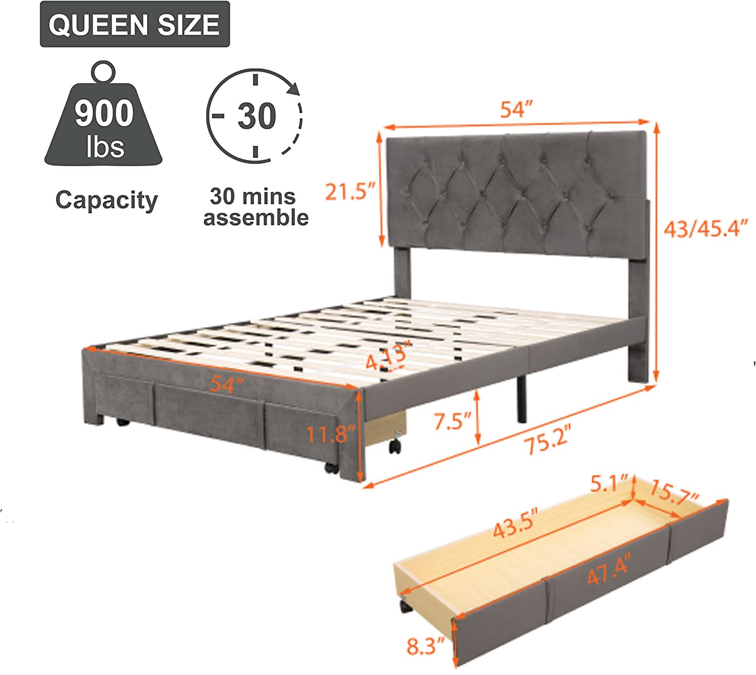 Queen Size Velvet Upholstered Storage Platform Bed with Large Drawer - Modern Bed Frame for Teens & Adults (Grey) | Perfect for Small Bedrooms, Dorms & Guest Rooms