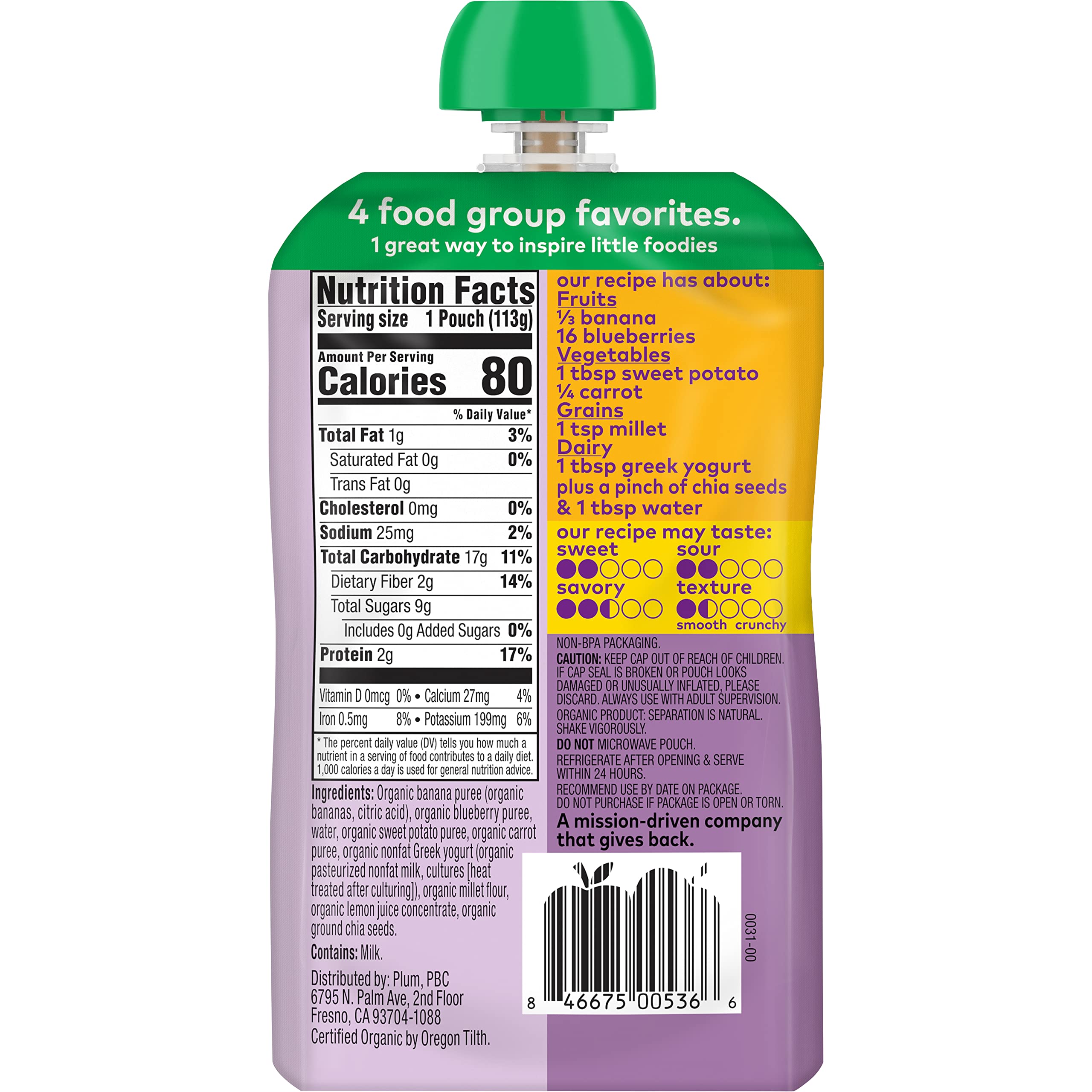 Organic Plum Mighty 4 Toddler Food Pouch - Banana, Blueberry, Sweet Potato & Carrot with Greek Yogurt & Millet - 4oz USDA Certified Baby Food - Perfect for On-the-Go Snacks, Daycare Lunches & Healthy Toddler Meals