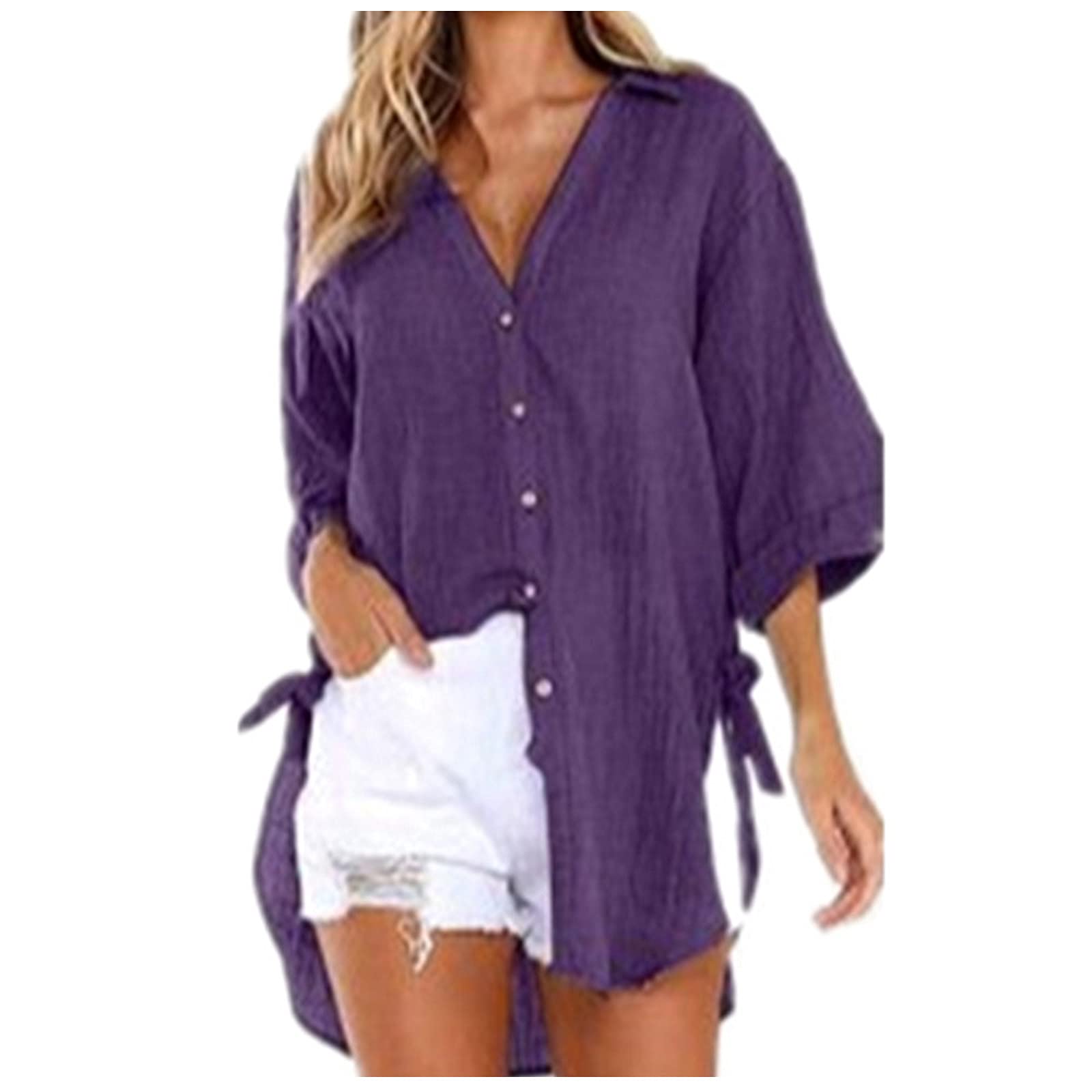 HRAPDA Women's Summer Blouse - 3/4 Sleeve V-Neck Tunic Top for Casual & Dressy Wear