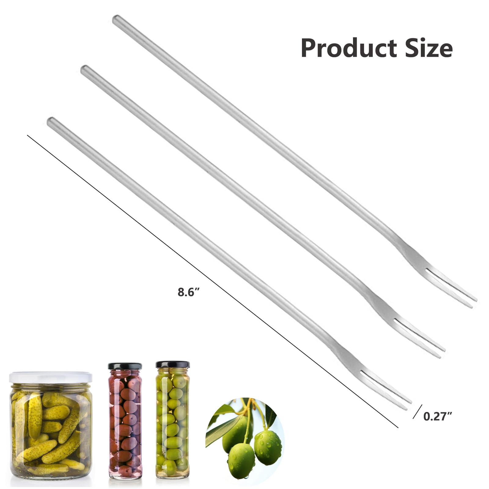 3-Piece Stainless Steel Pickle Forks Set - 8.6 Inch Long Handle for Jars, Cocktail & Olive Forks - Perfect for Pickles, Desserts, Fruits & Party Snacks