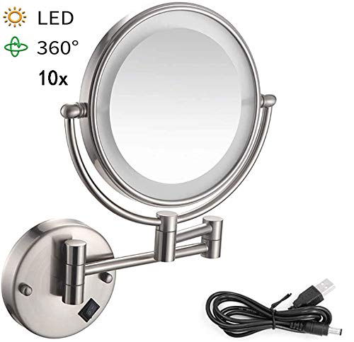 10X Magnifying Makeup Mirror with LED Lights - 8 Inch Double-Sided Wall Mounted Vanity Mirror, 360° Rotation, USB Rechargeable - Perfect for Bathroom, Bedroom, and Hotel Makeup Application