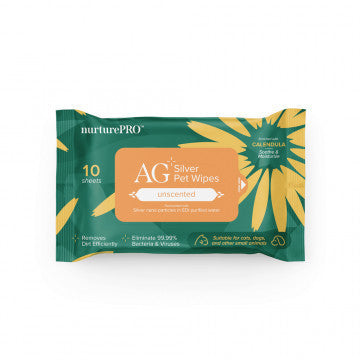 NurturePRO AG+ Silver Pet Wet Wipes - Unscented, Hypoallergenic & Moisturizing - 10 Sheets for Gentle Cleaning of Dirt & Odors - Perfect for Dogs, Cats & Small Animals After Walks or Grooming