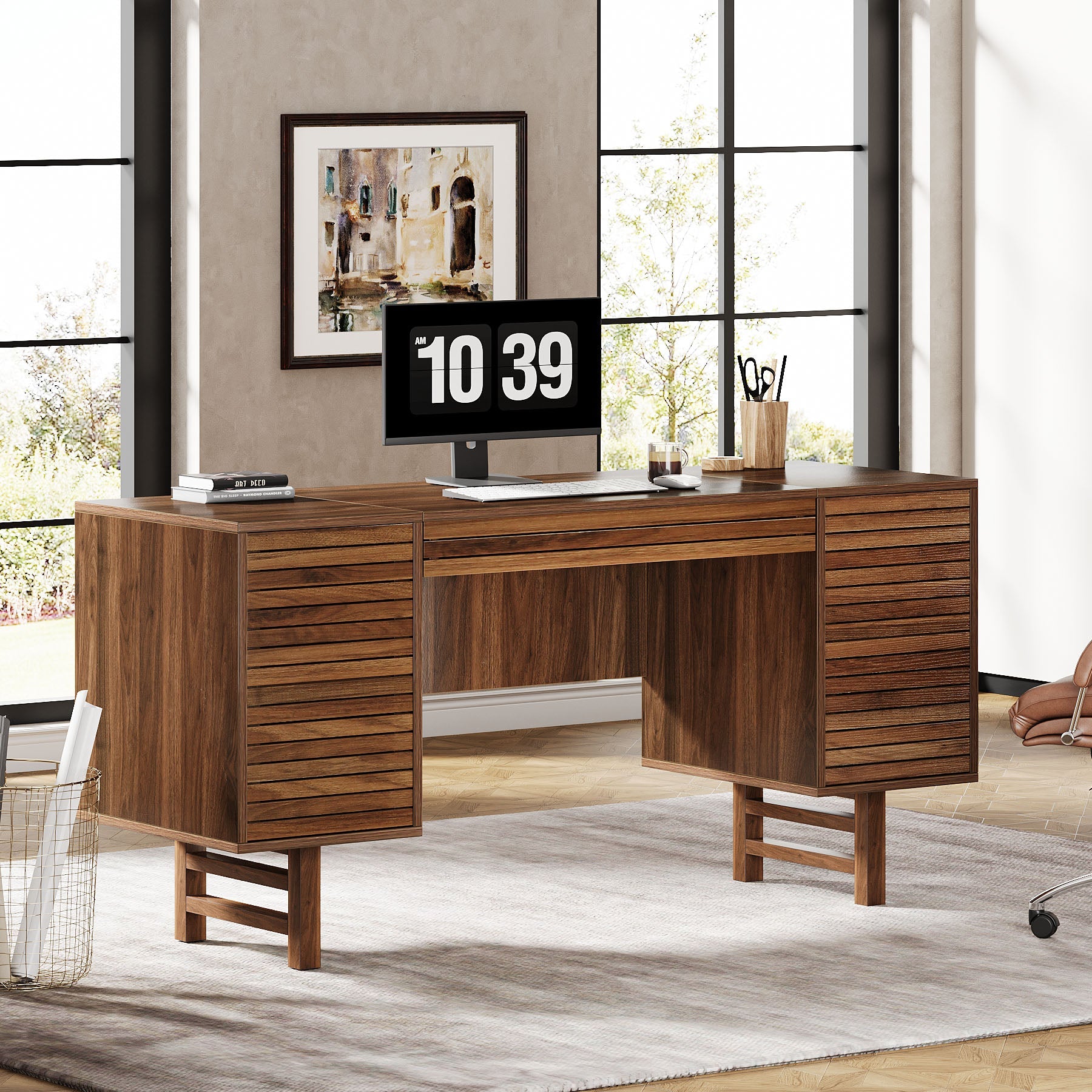 Solid Wood Computer Desk - 59 Inch Home Office Desk with Storage Drawers, Ergonomic Study Desk for Work from Home & Remote Learning