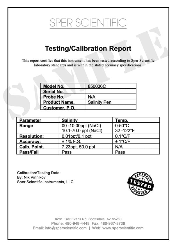 pH Sensor Testing/Calibration Certificate (Non-NIST) - For Laboratory, Industrial & Water Quality Monitoring Applications