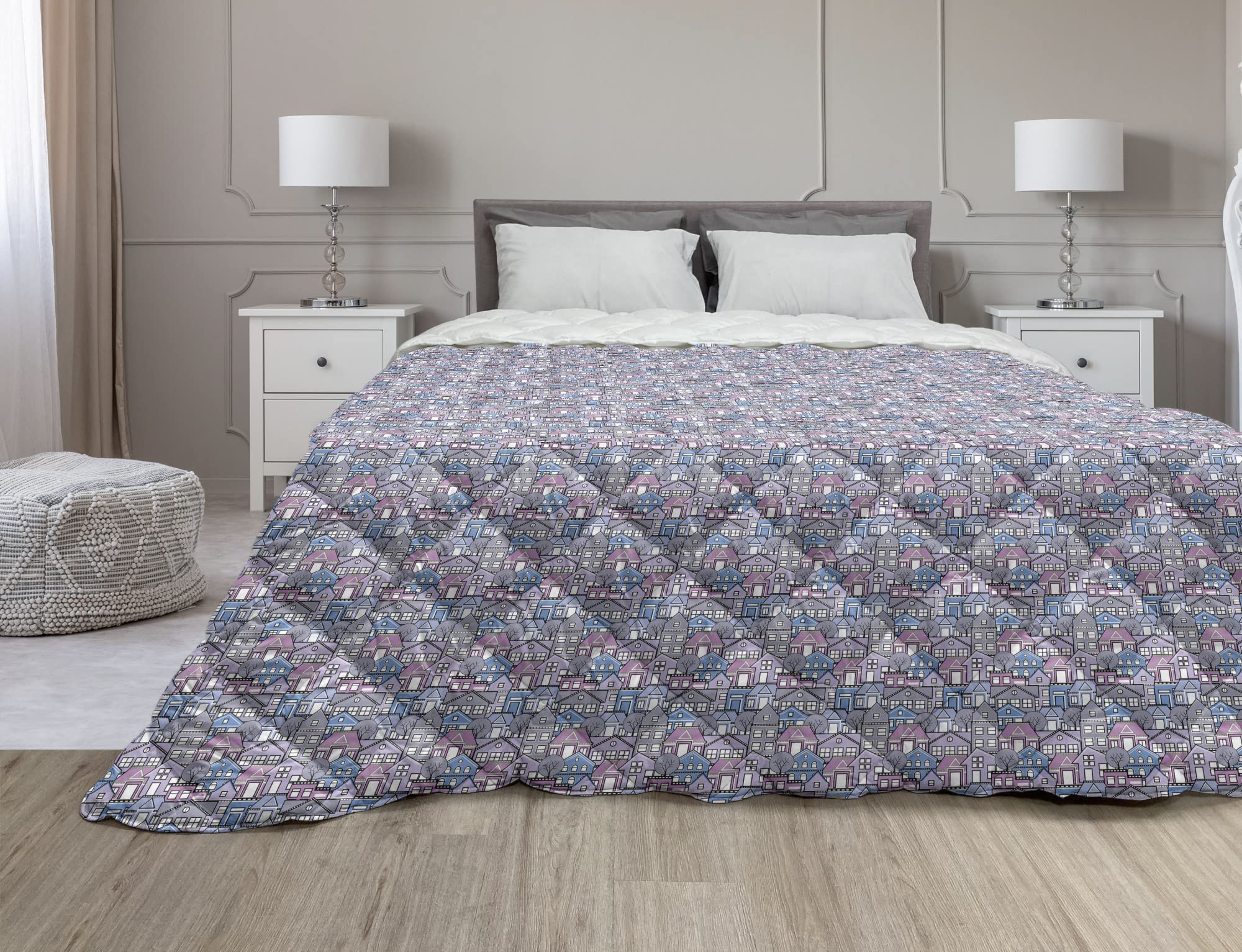 Ambesonne Urban Down Alternative Comforter - Twin Size Modern Cityscape Design with Houses, Buildings & Trees - All Season Microfiber Quilt in Lavender & Purple Grey - Perfect for Bedroom Decor, Guest Rooms & Cozy Apartment Living
