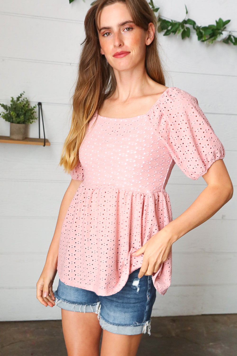 Mauve Eyelet Puff Sleeve Babydoll Top for Women - Floral Lace Summer Blouse, Cute Casual & Party Wear, Perfect for Dates, Vacations and Outdoor Events