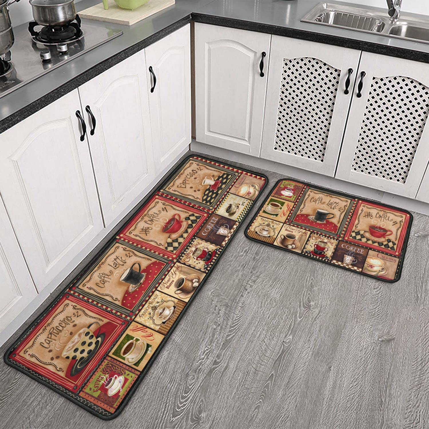 2-Piece Non-Slip Washable Kitchen Rug Set - Absorbent Microfiber Coffee Themed Decor Mats (17