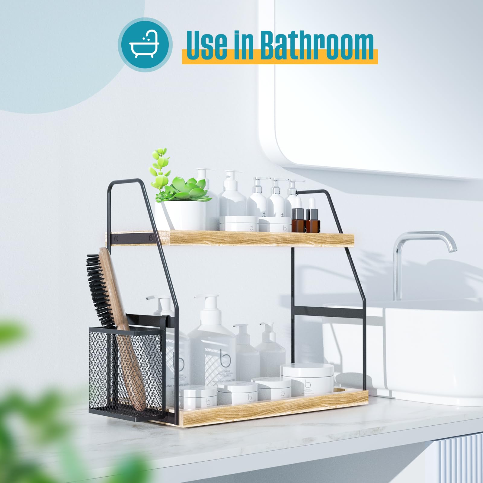 2-Tier Wooden Bathroom Organizer with Basket - Countertop Shelf for Vanity, Kitchen & Bathroom Storage - Perfect for Makeup, Toiletries & Small Essentials Organization