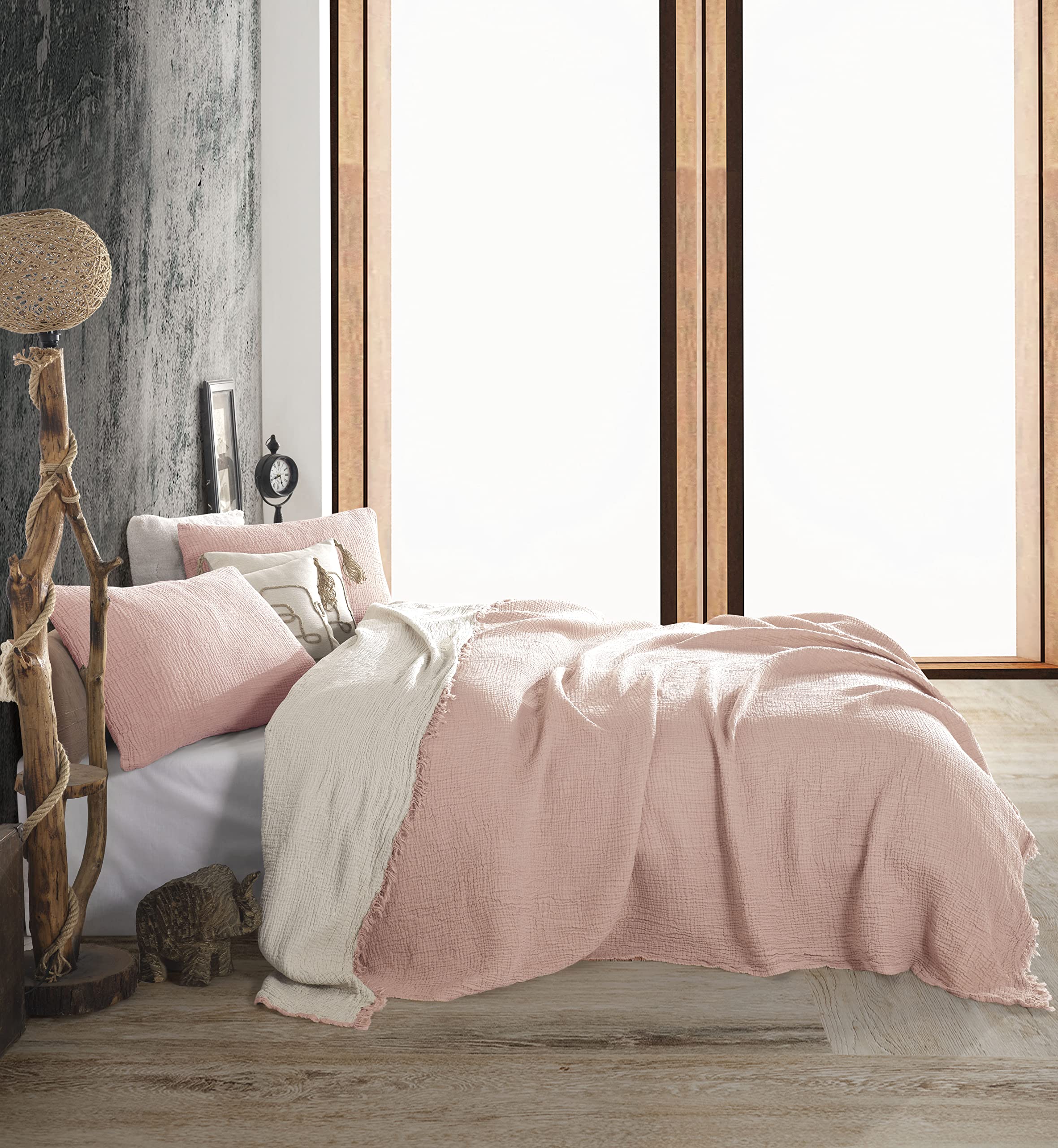 Soft King 4 & 8 Layer Gauze Rustic Bed Cover - Blue Muslin Throw Blanket & Lightweight Bedspread (95x106 Inches, Soft Pink) | Perfect for Cozy Bedroom Decor, Guest Room Accent & Boho Chic Home Styling