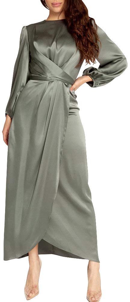Elegant Empire Waist Long Sleeve Satin Maxi Dress for Women - Formal Evening Gown, Wedding Guest Dress, Prom Night & Special Occasions
