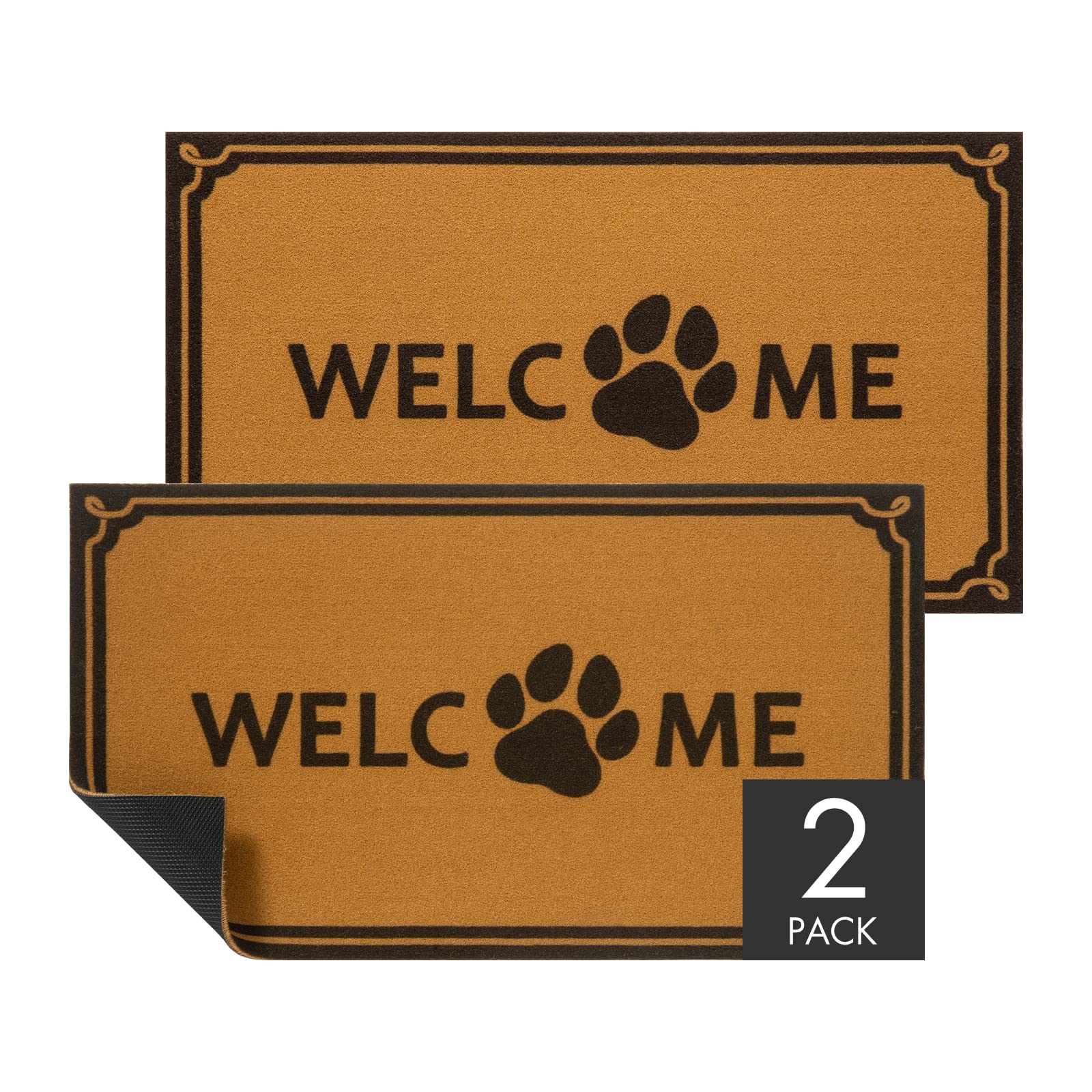 2 Pack Non-Slip Welcome Doormats - Absorbent Dog Paw Print Indoor/Outdoor Entry Mats (17x30 Inch) - Funny Dirt Trapping Door Mats for Front/Back Door, Garage, Porch & Patio Use