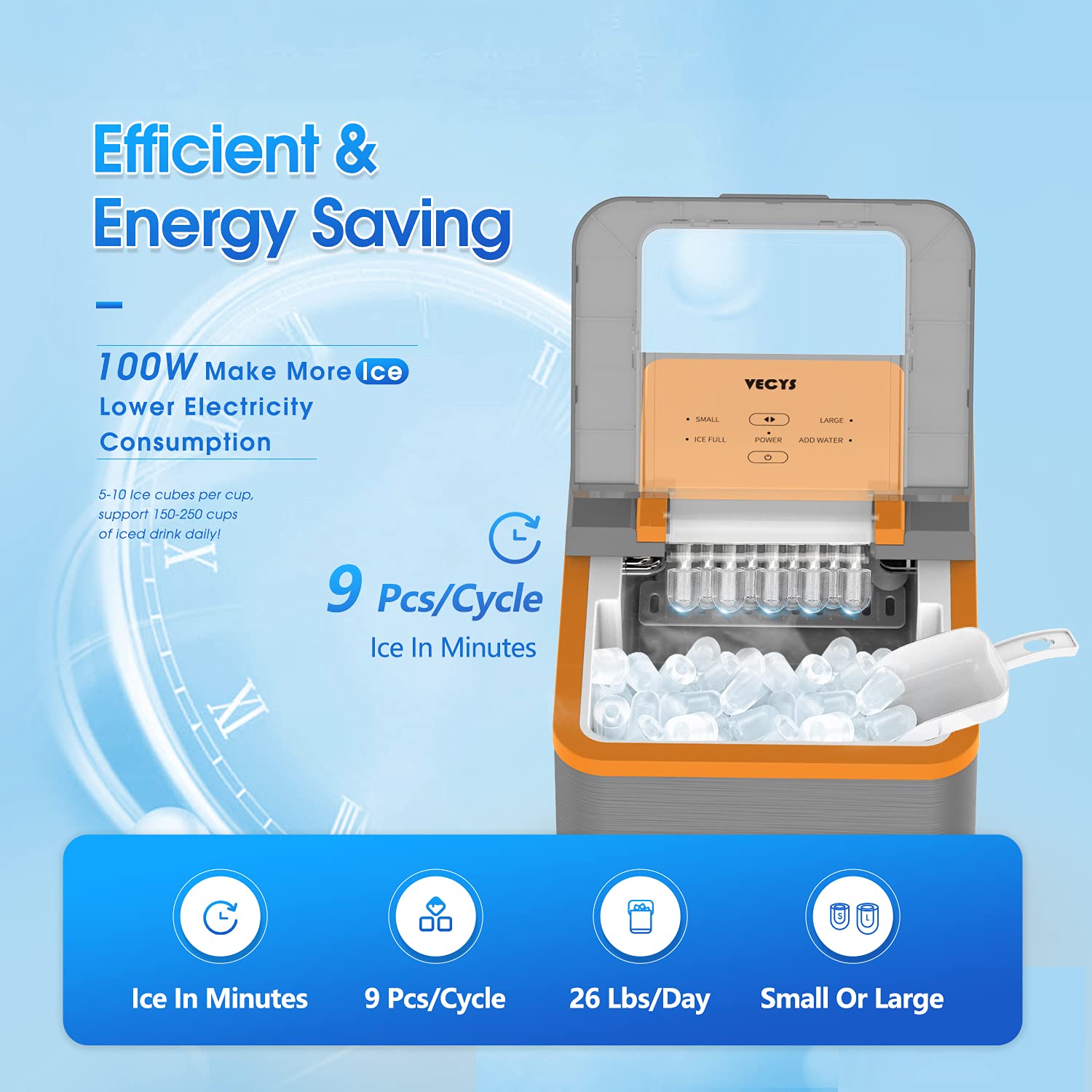 VECYS 1.8L Portable Countertop Ice Maker Machine - 9 Bullet Ice Cubes in 8 Minutes, 26LBS Daily Output with Self-Cleaning Function - Includes Ice Scoop & Basket - Perfect for Home, Office, RV, Parties (Grey & Orange)