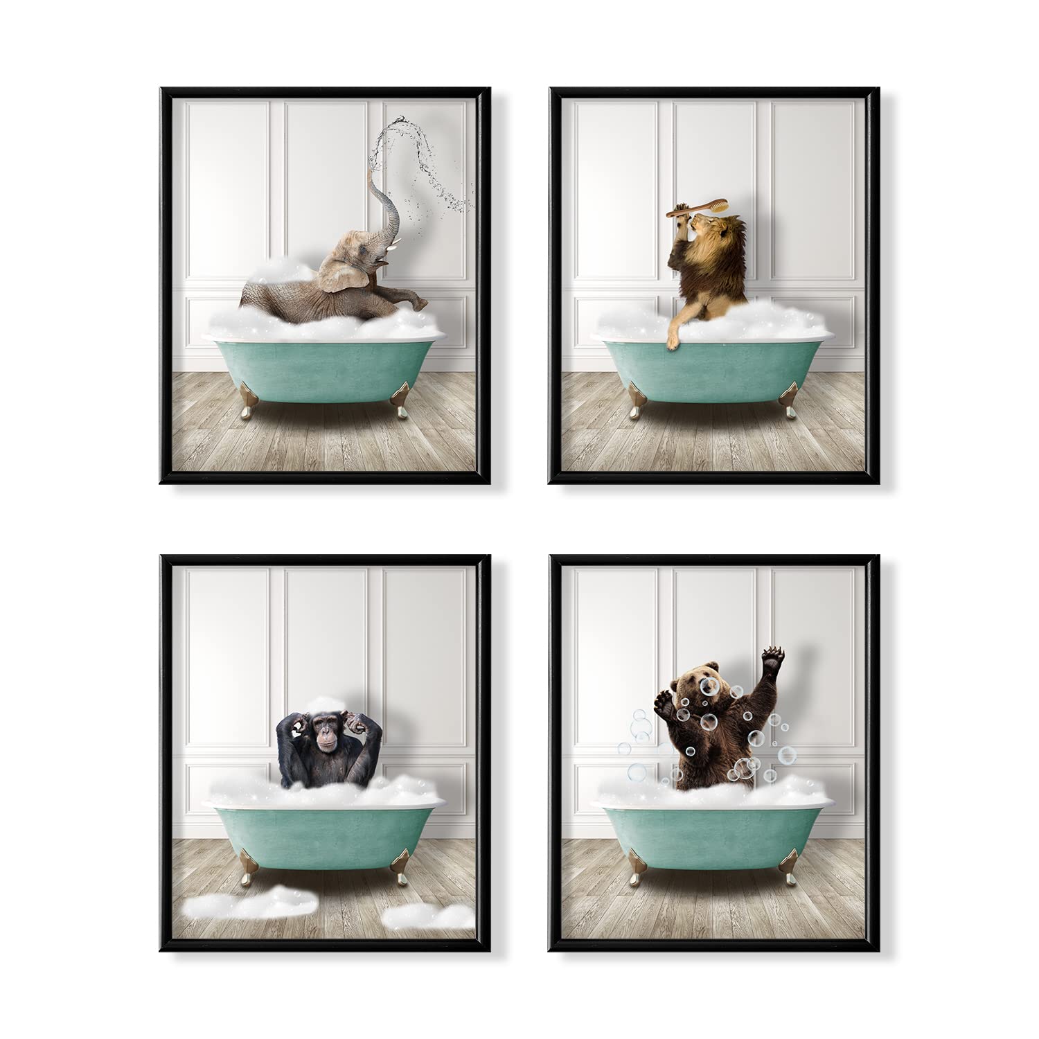 Funny Animal Wall Art for Bathroom - Elephant, Gorilla, Bear & Lion Decor - Modern Powder Room Posters - Cute Unique Bathroom Signs & Accessories for Women & Kids - Perfect for Home, Nursery & Guest Bath Decor