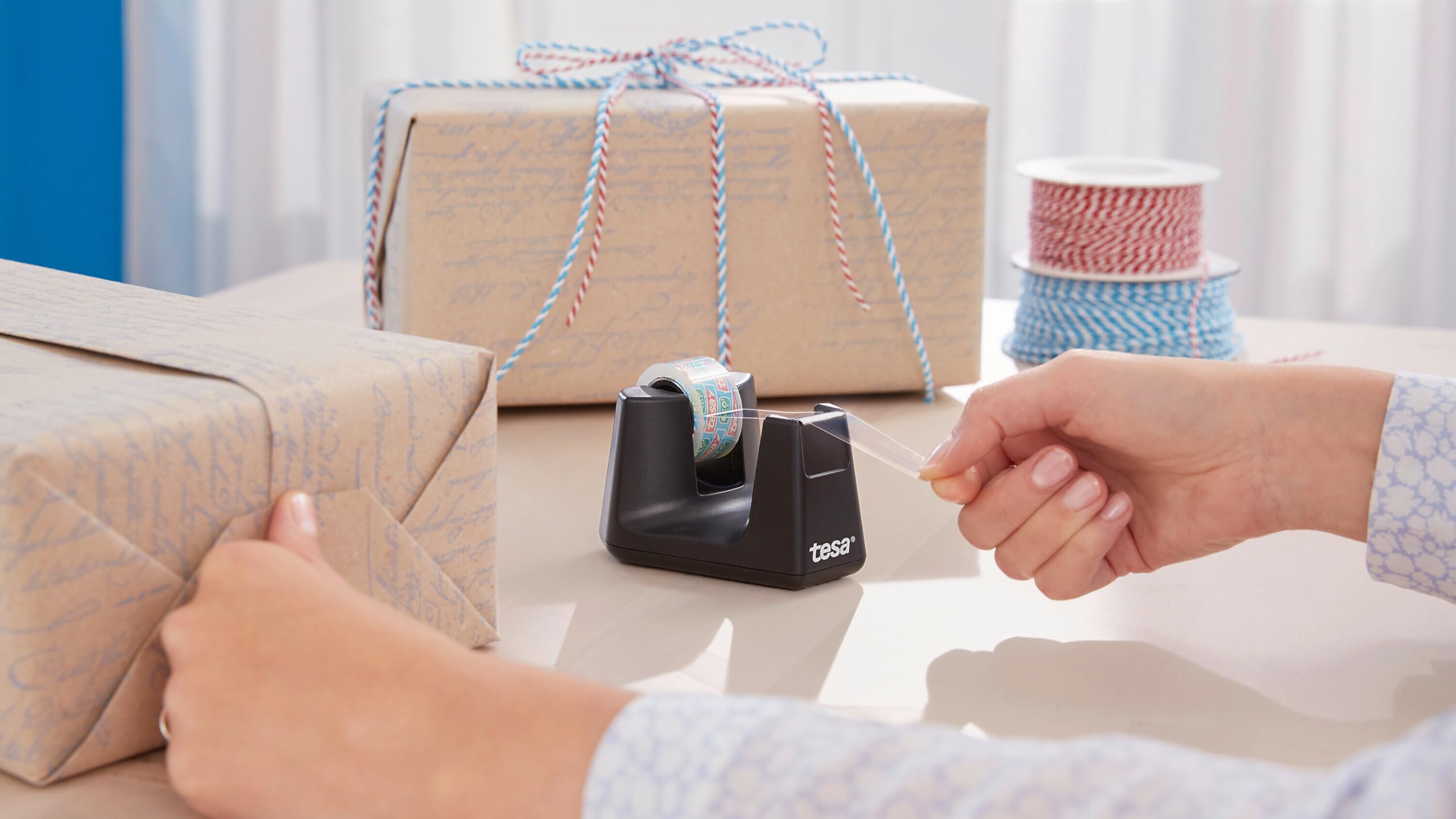 Tesa® Easy Cut Smart Tape Dispenser for Tables - Compact Tabletop Tape Holder with Anti-Slip Base for Adhesive Tapes, Includes 8 Rolls of Clear Tesa Film - Perfect for Office, Packaging, Shipping & Home Use