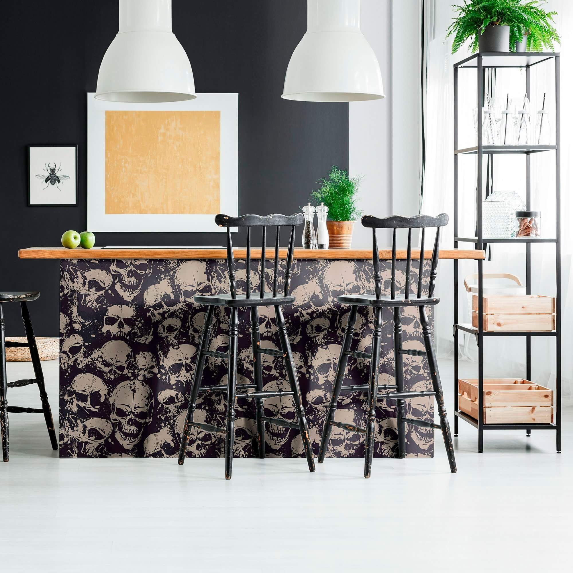 Black and Tan Skulls Peel and Stick Removable Wallpaper for Teens - Gothic Bedroom Decor, Dorm Room, Halloween Party Decoration