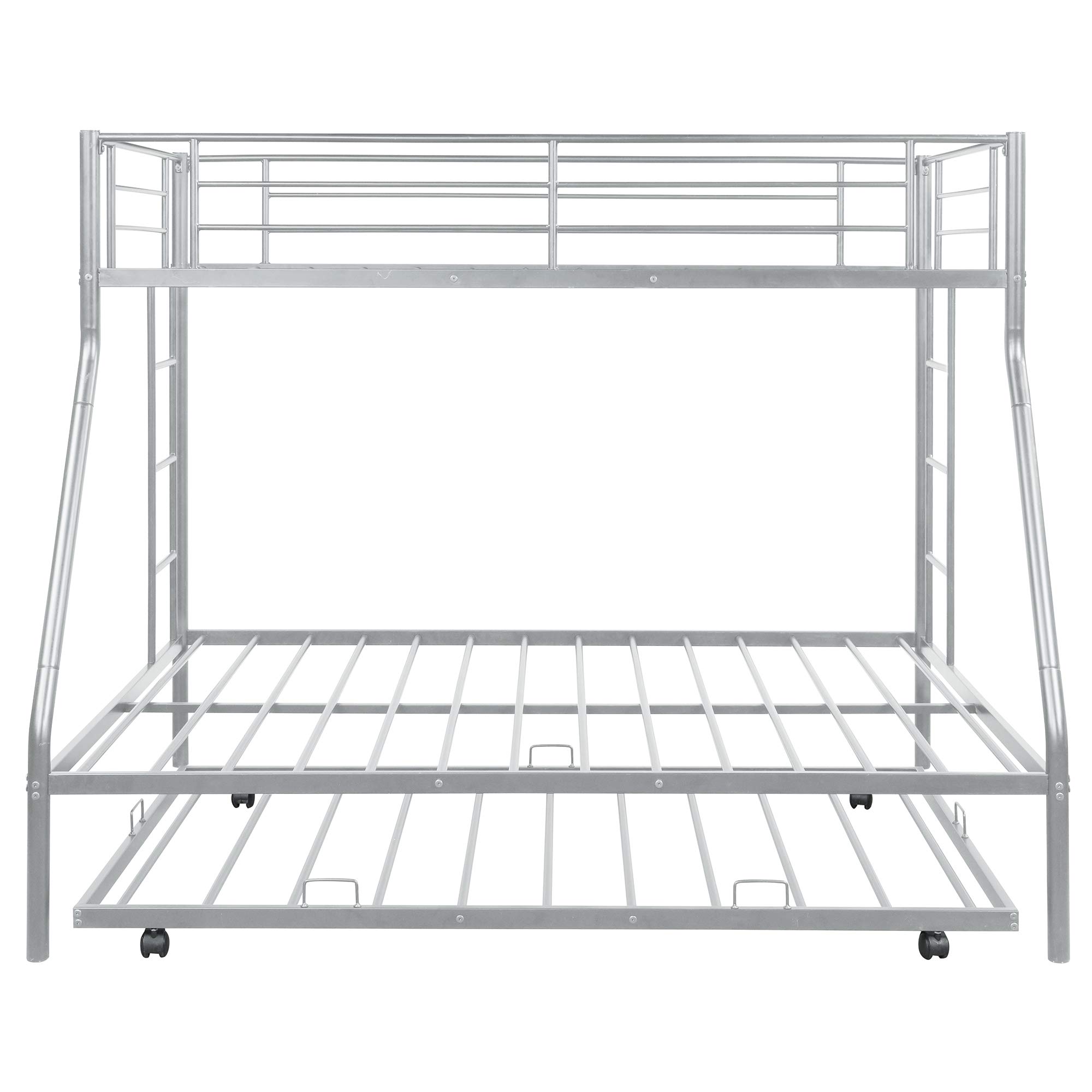 Metal Bunk Beds Twin Over Full Size with 2 Ladders & Trundle - Sturdy Space-Saving Bed Frame for Kids, Teens & Adults in Silver | Perfect for Small Bedrooms, Guest Rooms & Dormitories