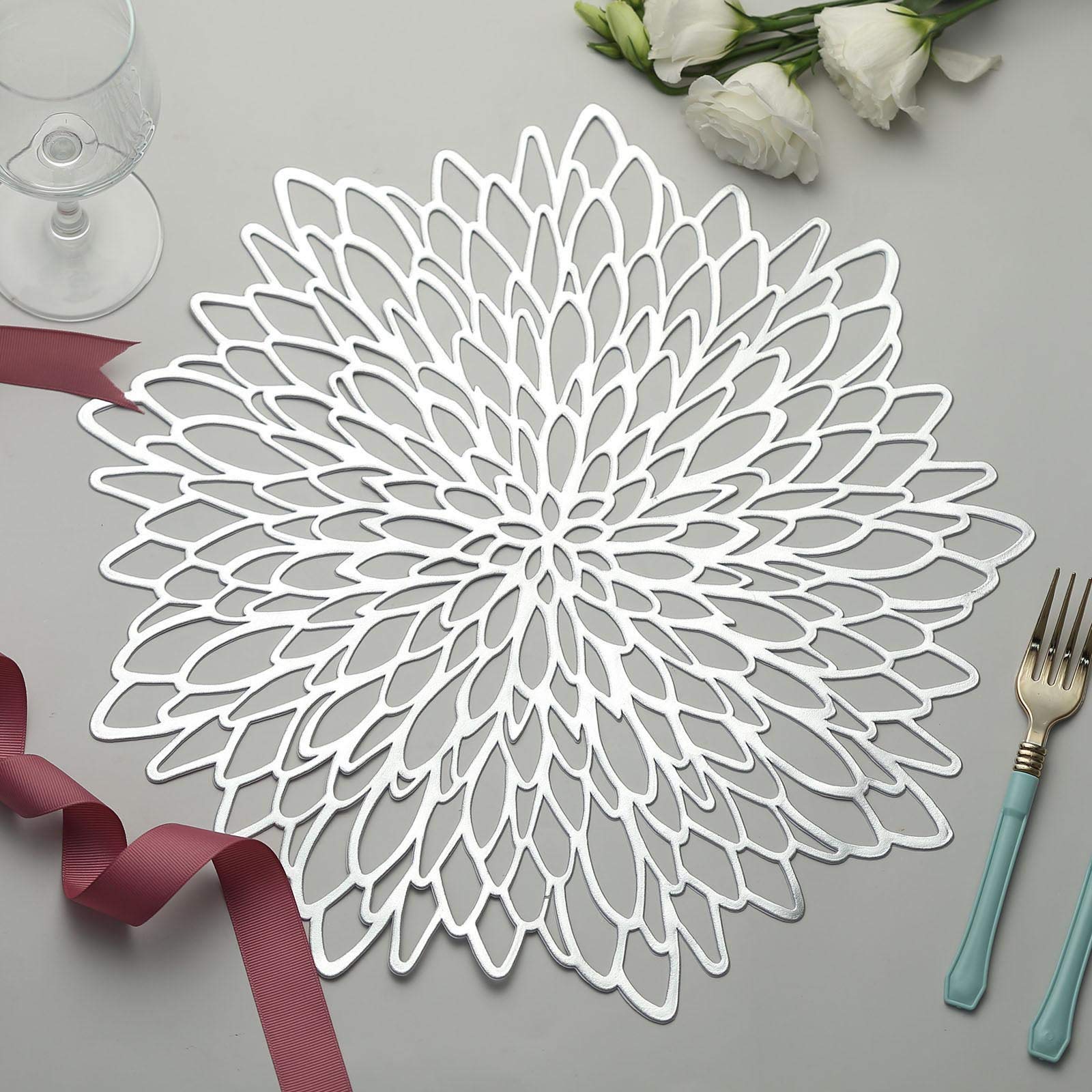 6 Pack Floral Vinyl Placemats 15 Inch - Non Slip Dining Table Mats for Kitchen & Restaurant - Elegant Silver Decor for Home, Party & Wedding Use