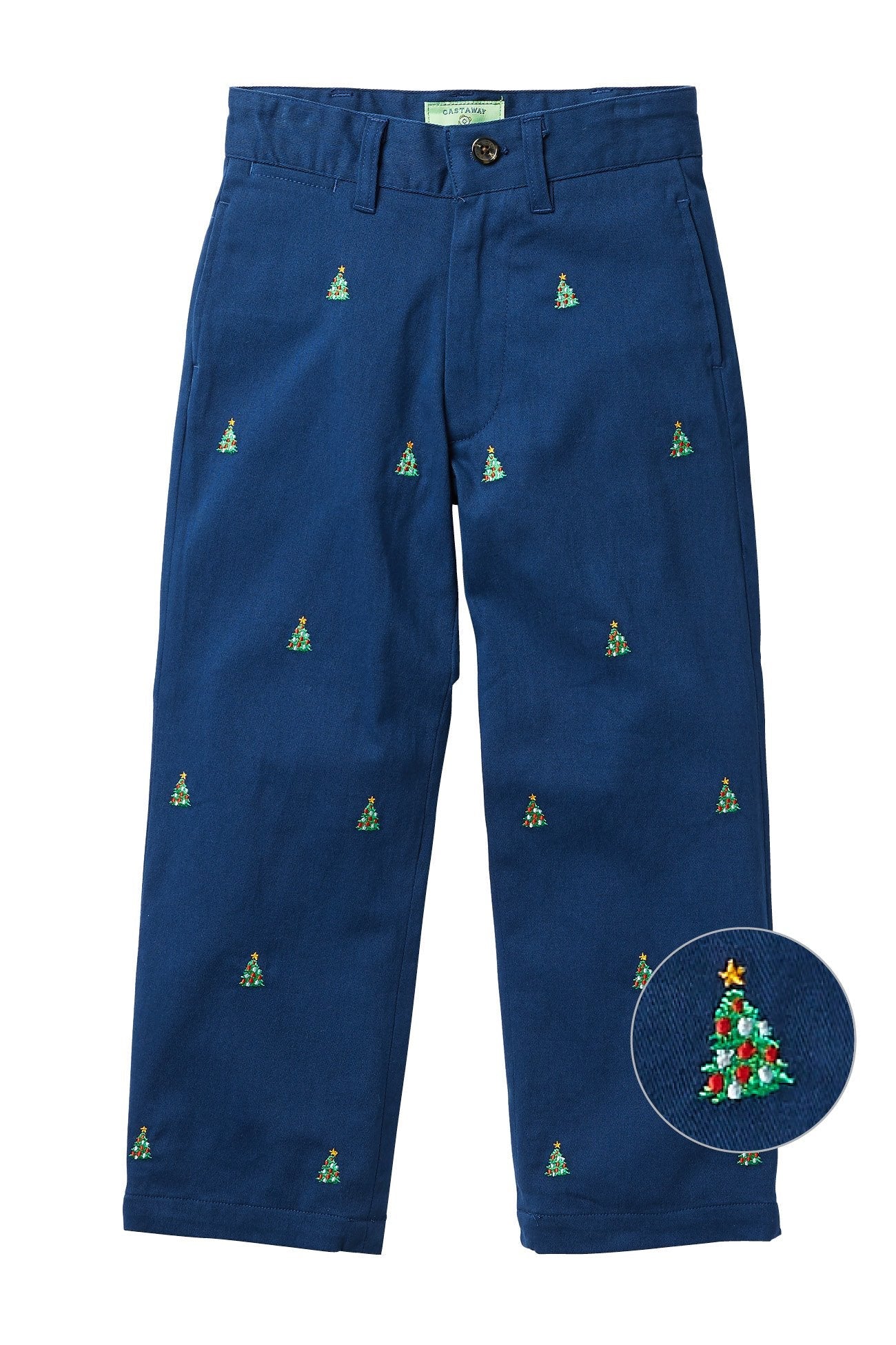 Boys Stretch Twill Port Pant in Nantucket Navy with Christmas Tree Design - Perfect for Holiday Parties & School Events