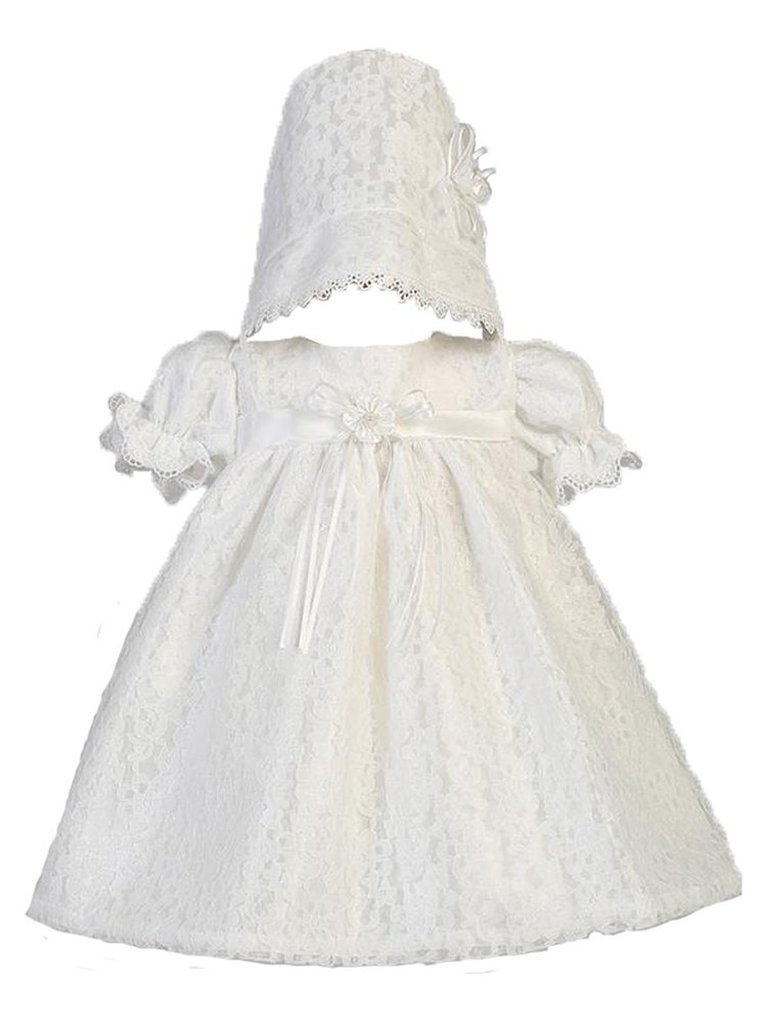 Sweet Pea & Lilli White Lace Tulle Christening Dress with Bonnet for Baby Girls - Perfect for Baptism, First Communion & Special Occasions
