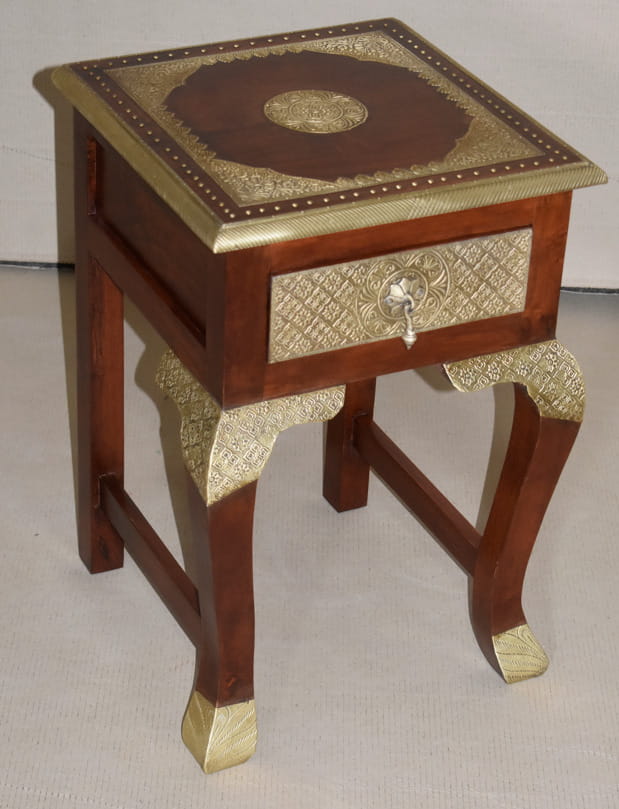 Handcrafted Embossed Brass Indian Wooden Bedside Table with Drawer - Vintage Boho Nightstand for Bedroom Decor