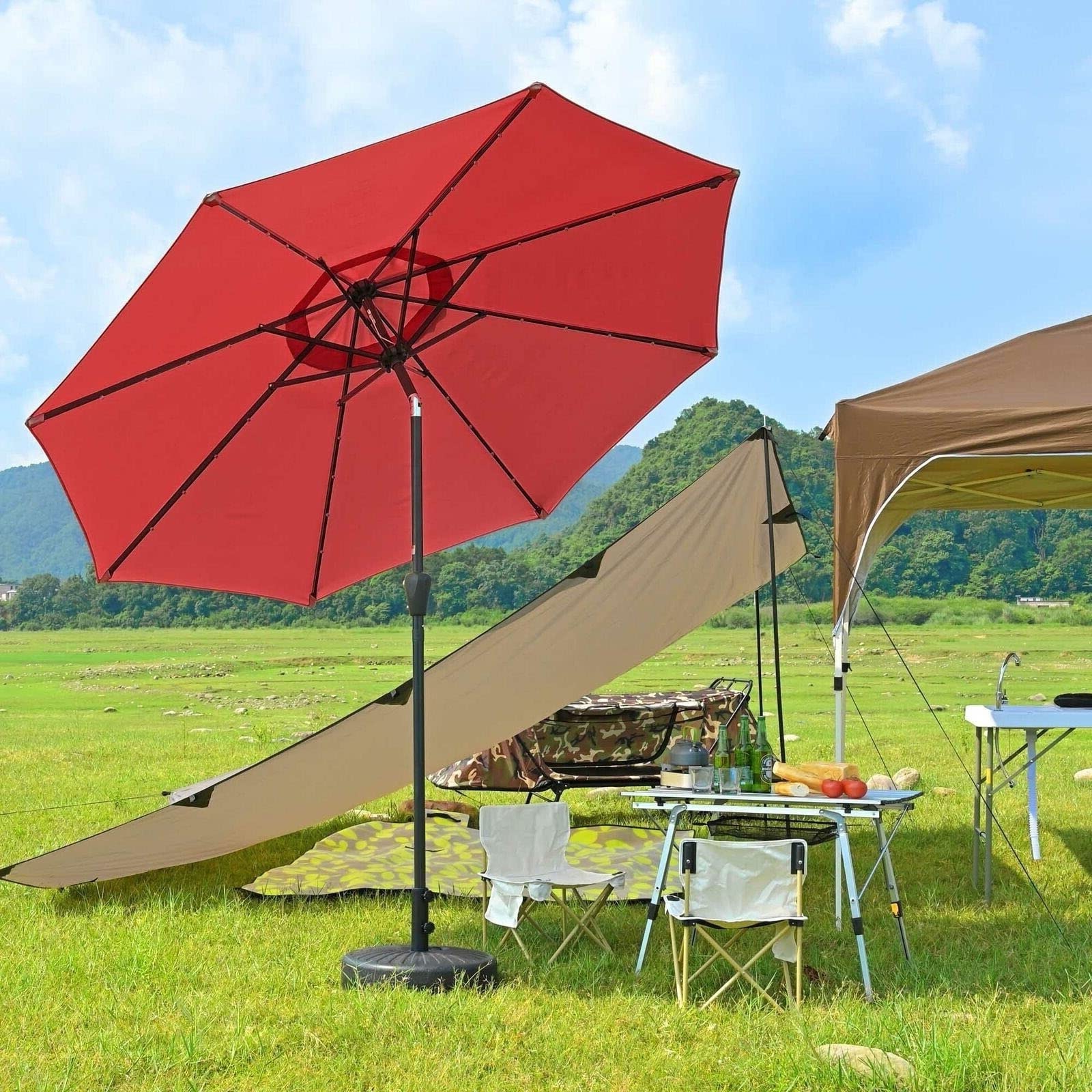 9' FT Solar Powered LED Patio Umbrella - 8-Rib Aluminum Outdoor Umbrella with Crank Tilt, Easy Carry & Storage - Perfect for Backyard, Poolside, Beach, and Outdoor Dining