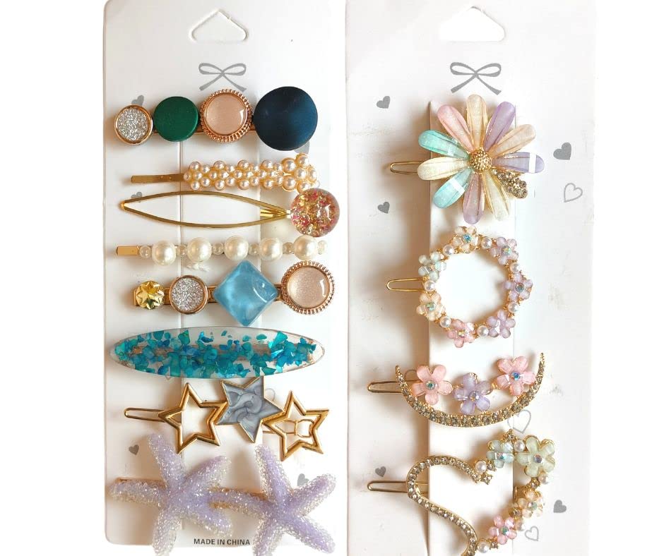 Korean Style Pearl Hair Clips for Women - Rhinestone & Plastic Pearl Barrettes with Flower Design - 12 Pack Hair Accessories for Girls & Women - Perfect for Weddings, Parties & Everyday Styling (Star)
