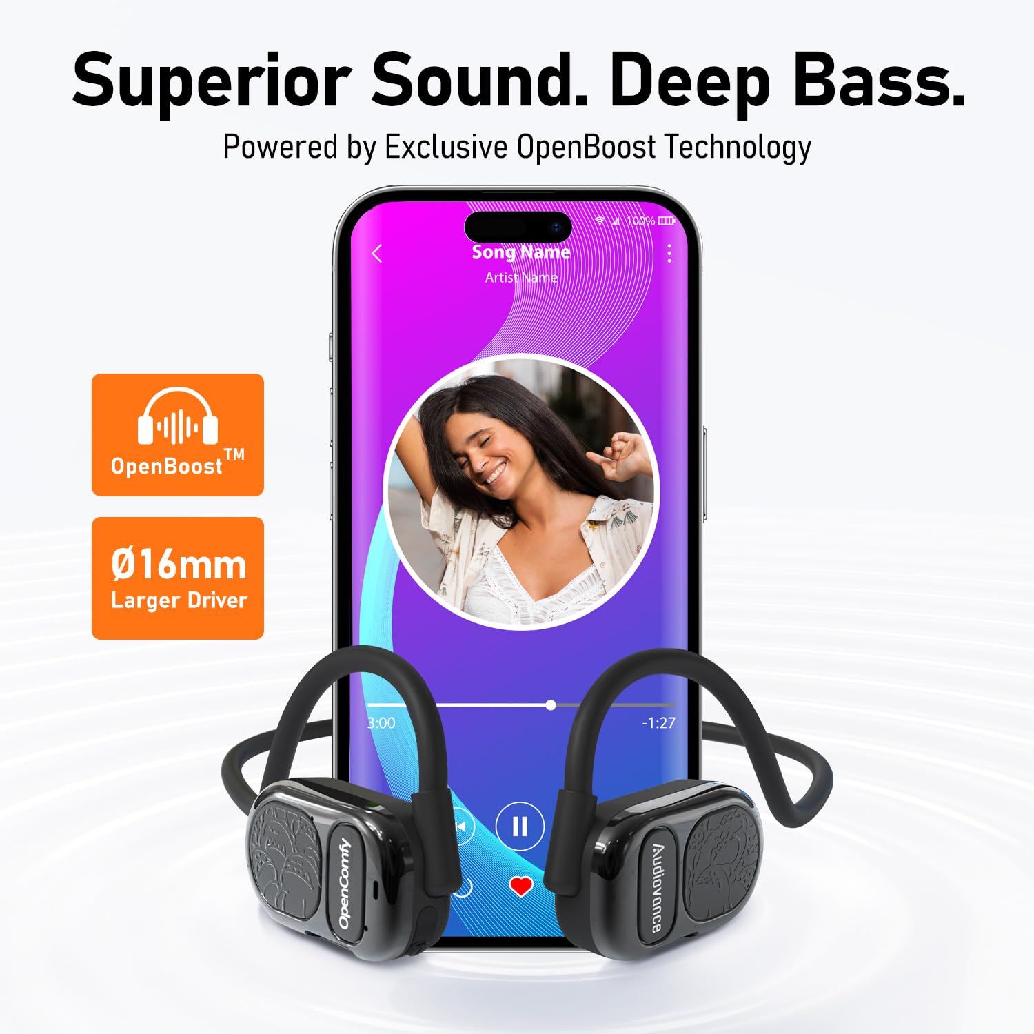 OpenComfy CF201 Wireless Open-Ear Bluetooth Headphones for Running - Superior Sound, Comfortable Secure Fit with Ambient Awareness (Black) - Perfect for Jogging, Gym Workouts & Outdoor Activities