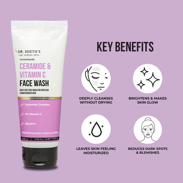 Dr. Sheth's Ceramide & Vitamin C Brightening Face Wash - Gently Cleanses, Hydrates & Reduces Dark Spots | For Normal, Oily & Combination Skin | Men & Women | 100 mL | Daily Skincare Routine for Brighter, Even-Toned Skin