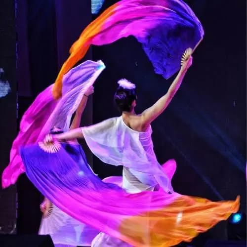 Handmade Silk Belly Dance Fan Veils - Long Bamboo Fans for Women Performers