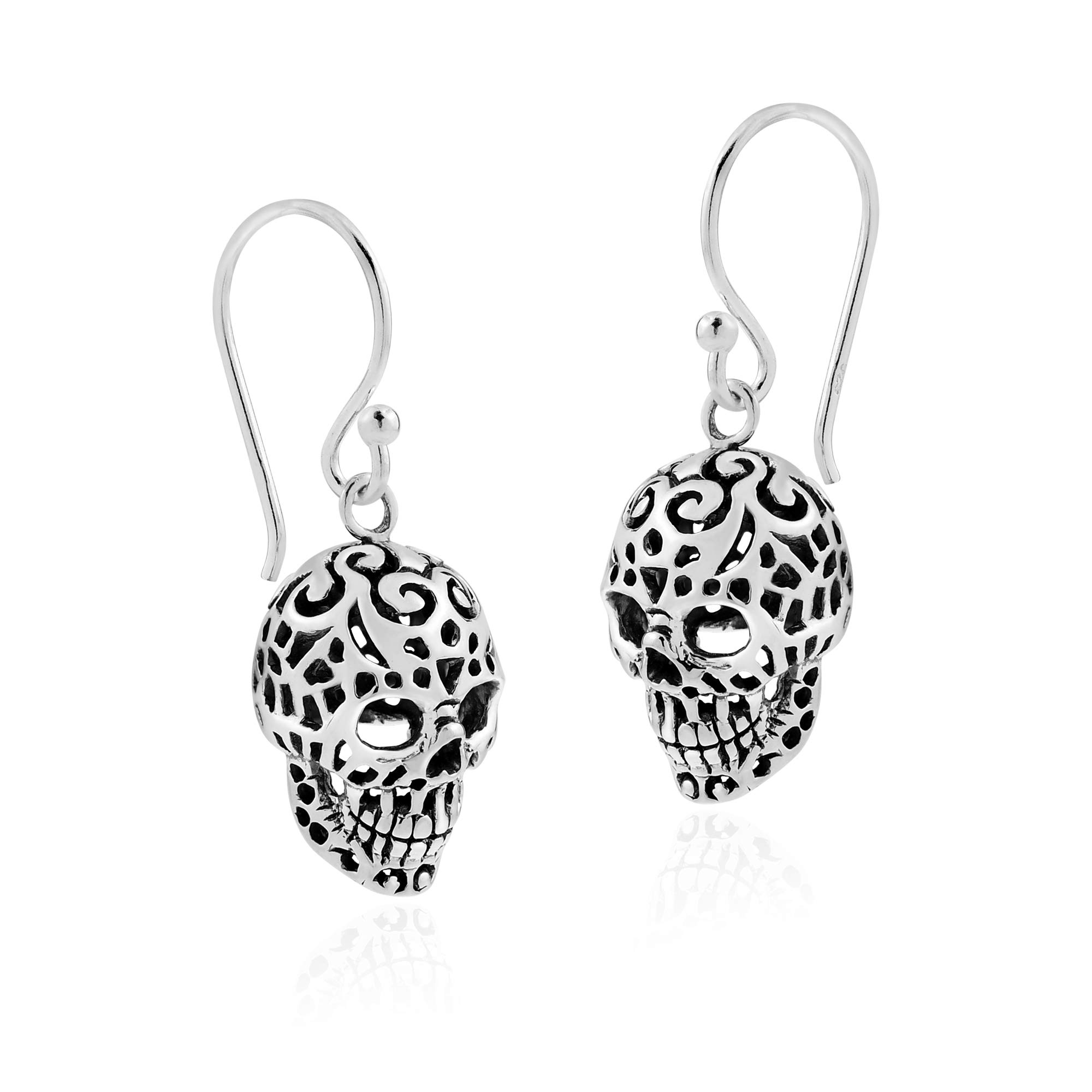 Menacing Tattooed Skull .925 Sterling Silver Dangle Earrings for Men & Women - Gothic Jewelry with Unique Pattern | Perfect for Punk Rock Concerts, Halloween Costumes & Edgy Fashion Statements