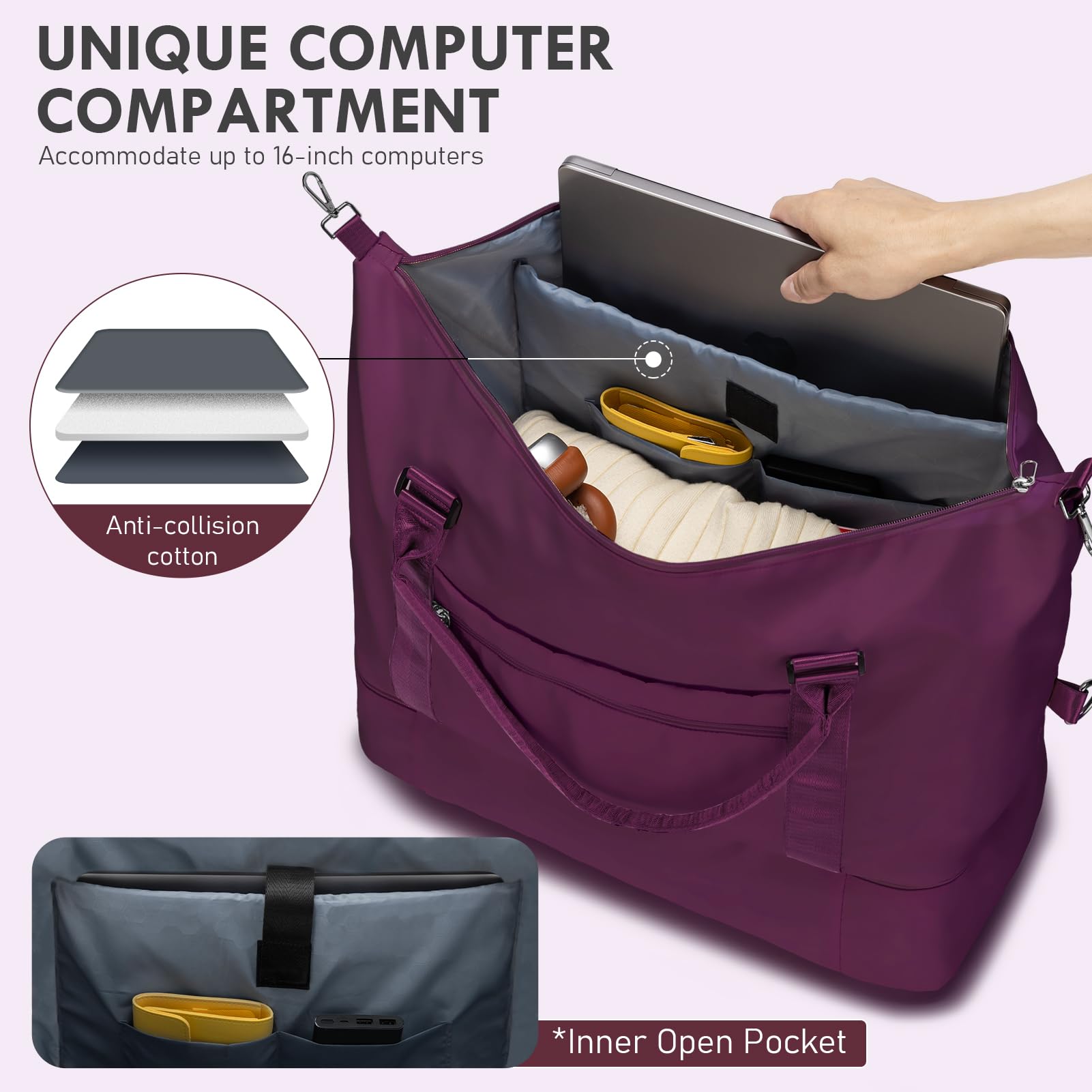 WOOMADA Women's Weekender Travel Bag with Shoe Compartment & Toiletry Pouch - Perfect Carry On Duffle for Overnight Trips, Hospital Labor Delivery & Maternity Use (Mulberry Purple)