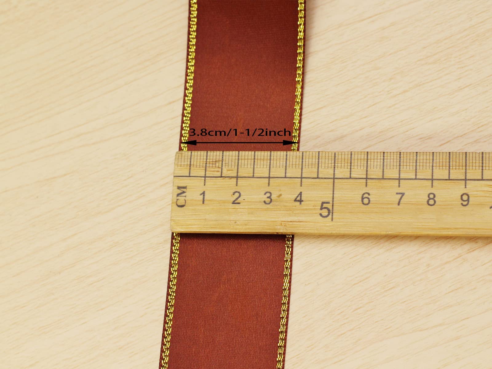 1 1/2 Inch 25 Yards Brown Satin Ribbon with Golden Edge - Double Faced Gift Wrapping Ribbon for Wedding, Baby Shower, Party Decorations & DIY Crafts - Perfect for Gift Packaging, Scrapbooking & Home Decoration