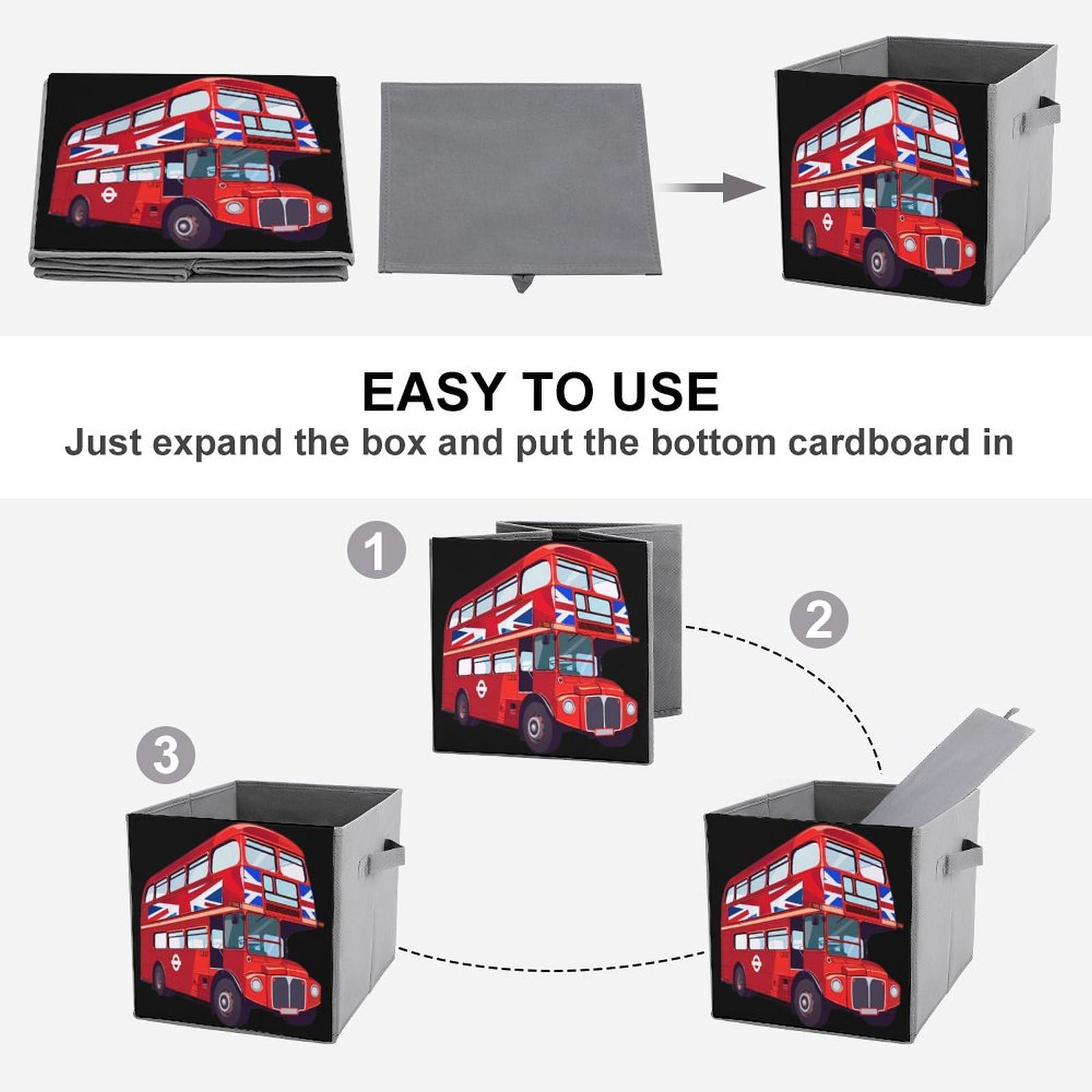 London UK Red Double Decker Bus Folding Storage Bins - 4 Pack Collapsible Organizer Baskets with Handles for Kids Room, Bathroom & Office Organization