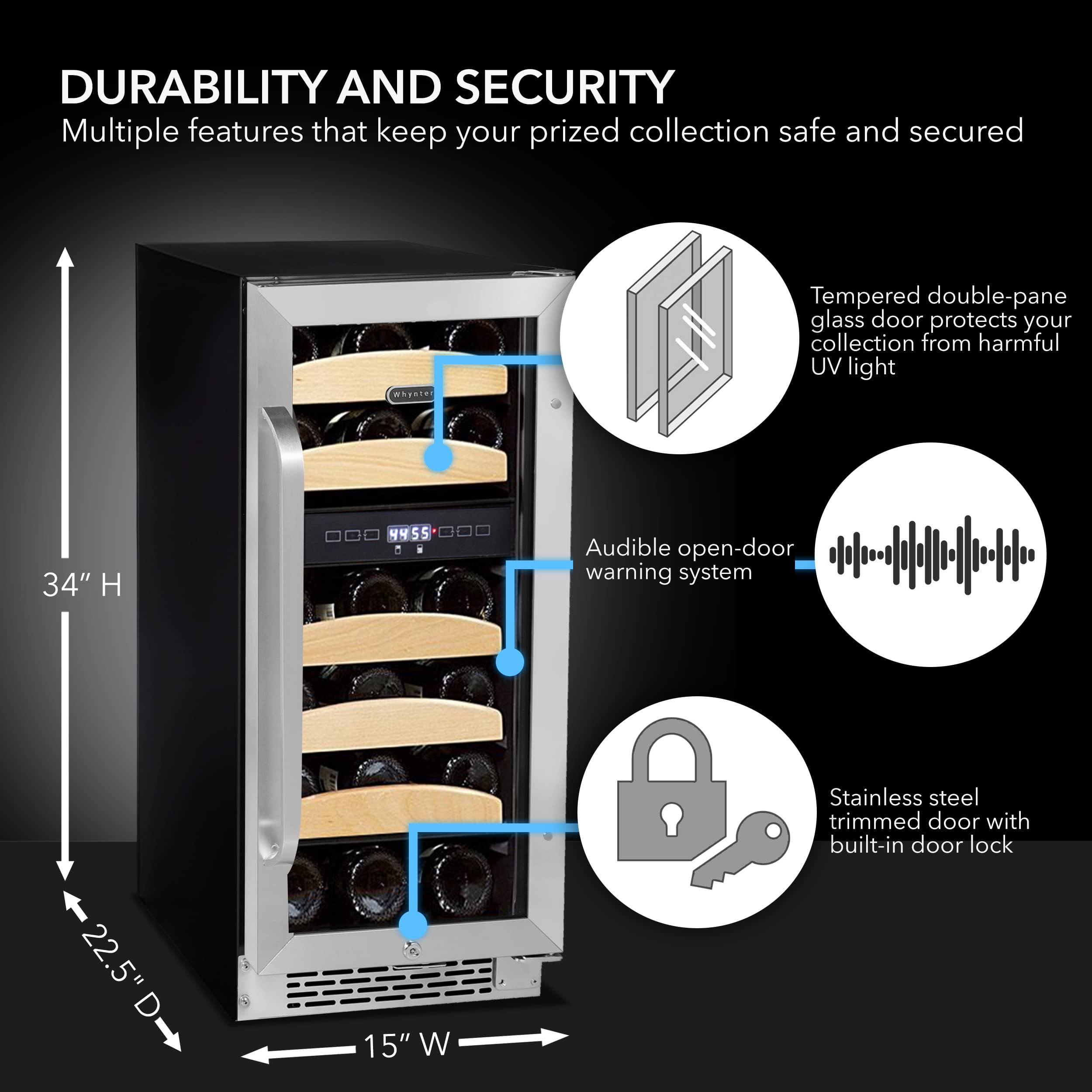 Whynter BWR-281DZa 28 Bottle Dual Temperature Zone Built-in Wine Cooler Refrigerator - Black Stainless Steel - Perfect for Home Bars, Wine Cellars, and Kitchen Storage (46 Bottle Capacity)