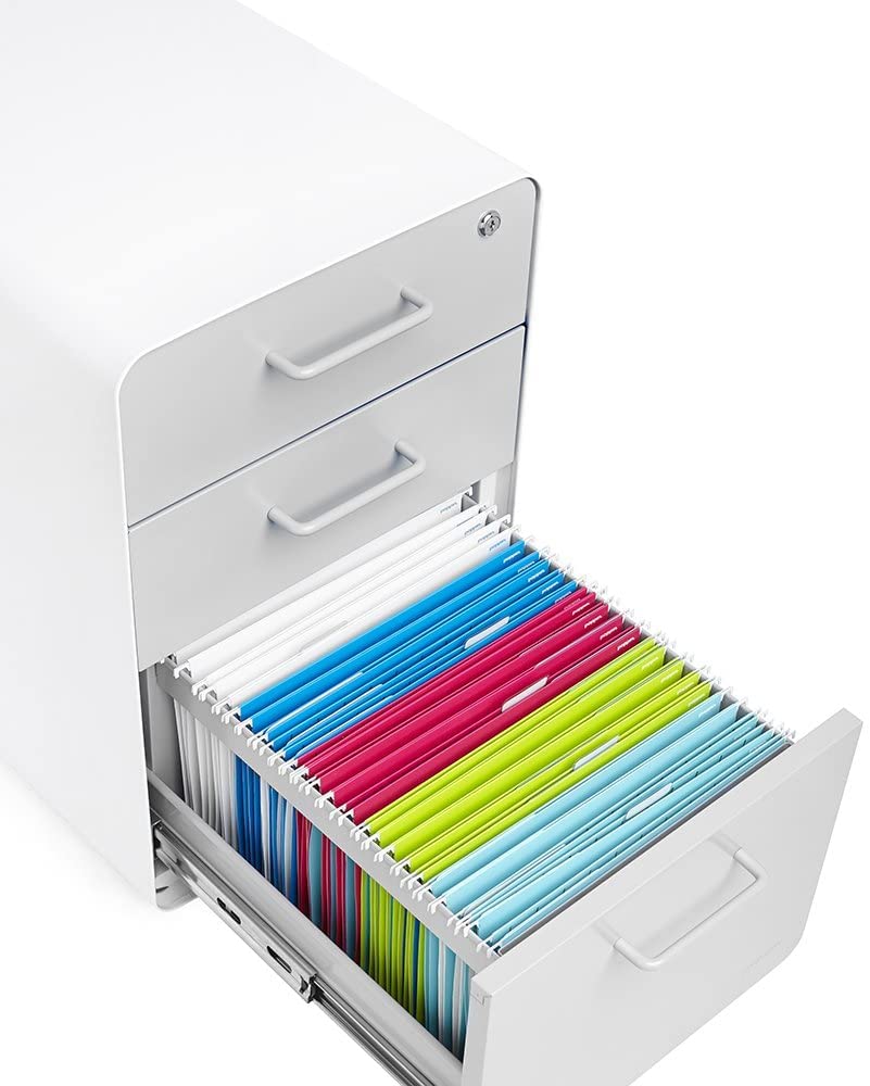 Poppin Stow 3-Drawer Rolling File Cabinet - White & Light Gray, Utility & Hanging File Storage with Locking/Non-Locking Wheels, Durable Powder-Coated Steel - Perfect for Office, Home, or Classroom Organization (Includes 2 Keys)