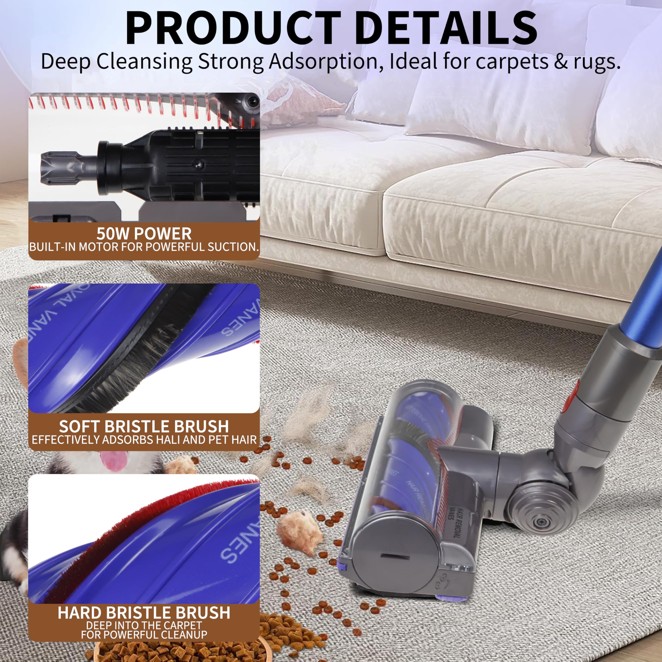 Upgrade Anti-Tangle Vacuum Cleaner Head Replacement for Dyson V8 V10 V11 V15 - Direct Drive Brush Roll for Carpets, Rugs & Hardwood Floors - Perfect for Pet Hair, Dust & Deep Cleaning