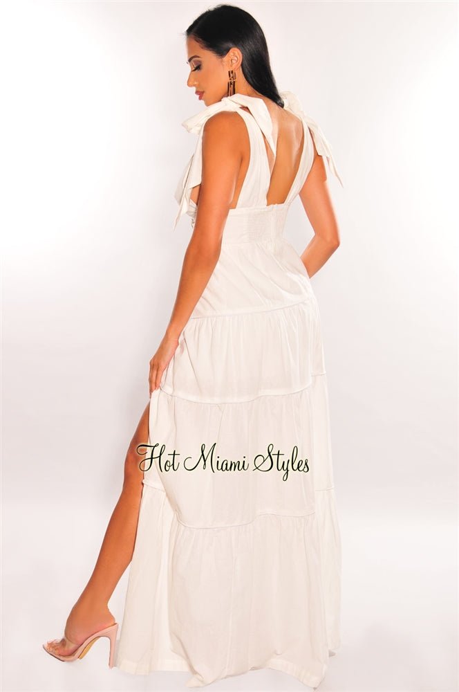 Elegant White V-Neck Tie-Up Button Front Slit Tiered Maxi Dress for Women | Summer Beach Wedding Party & Vacation Outfit
