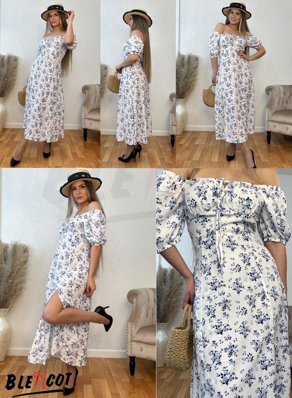 BLENCOT Women's Summer Casual Short Sleeve Square Neck Split Midi Dress - Flowy Beach Dress for Vacation, Date Night & Outdoor Parties