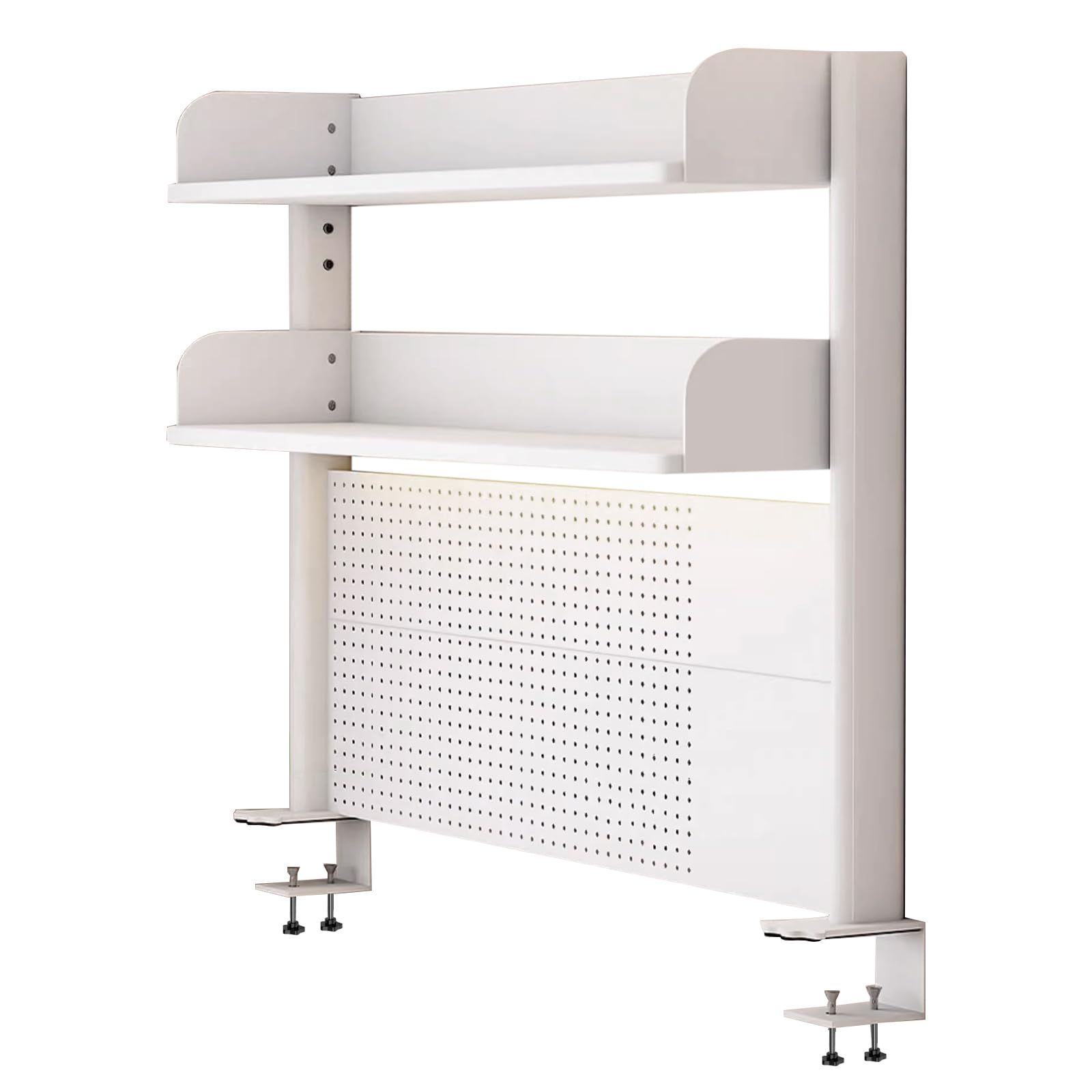 White Clamp-On Desk Organizer Shelf - Adjustable 23.6/31.4/39.3 inch Desktop Shelving System, Pegboard Workstation Extender for Office & Gaming Desk Accessories - Perfect for Workspace Organization & Monitor Privacy Panels (31.4in/80cm)