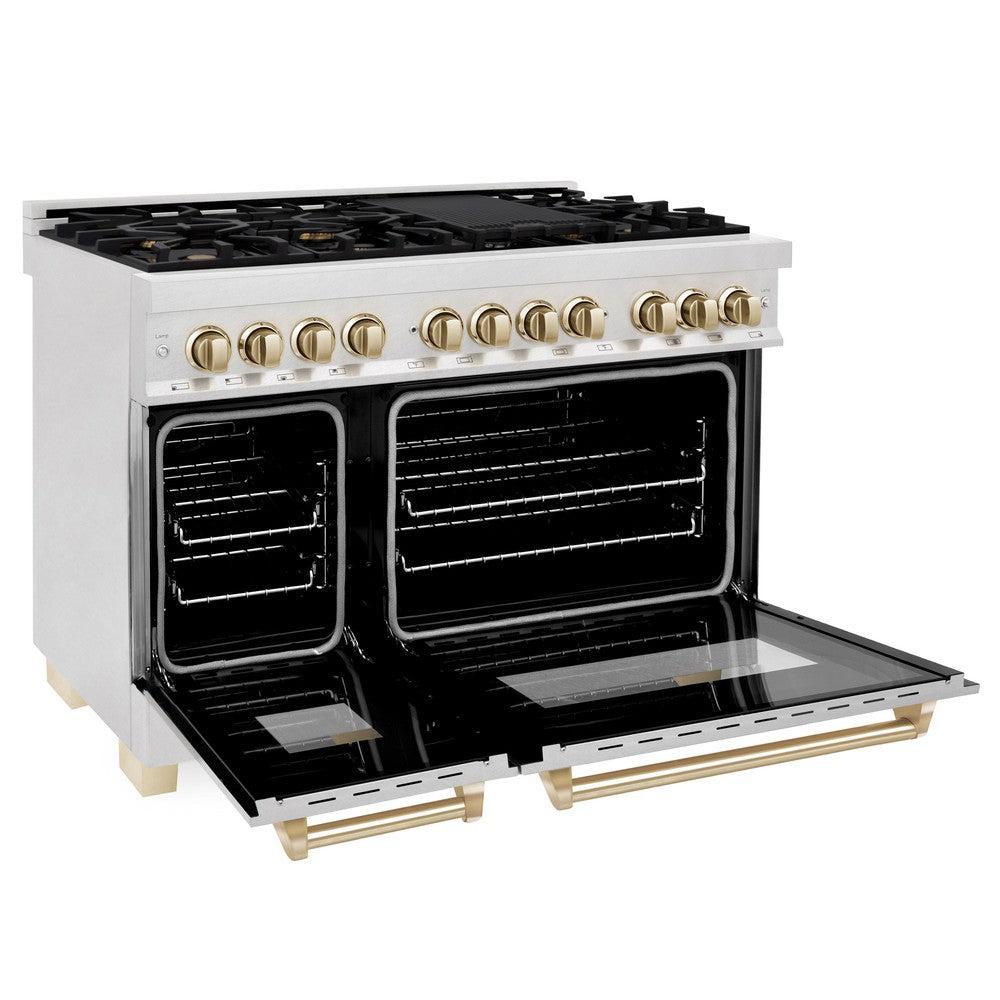ZLINE Autograph Edition 48-inch Dual Fuel Range - 6.0 cu.ft Capacity, 7-Burner Gas Cooktop & 2 Electric Ovens - Satin Stainless Steel with Polished Gold Accents (RASZ SN 48 G) - Perfect for Professional Home Chefs & Luxury Kitchens