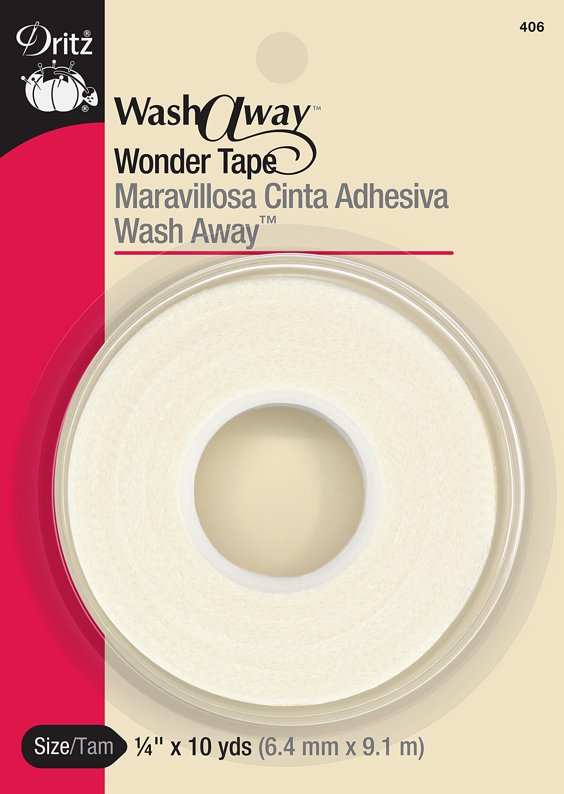 Dritz Wash Away Wonder Tape - 1/4 Inch x 10 Yards White Water Soluble Sewing Tape for Quilting, Embroidery & Fabric Crafts | Temporary Fabric Adhesive for DIY Projects