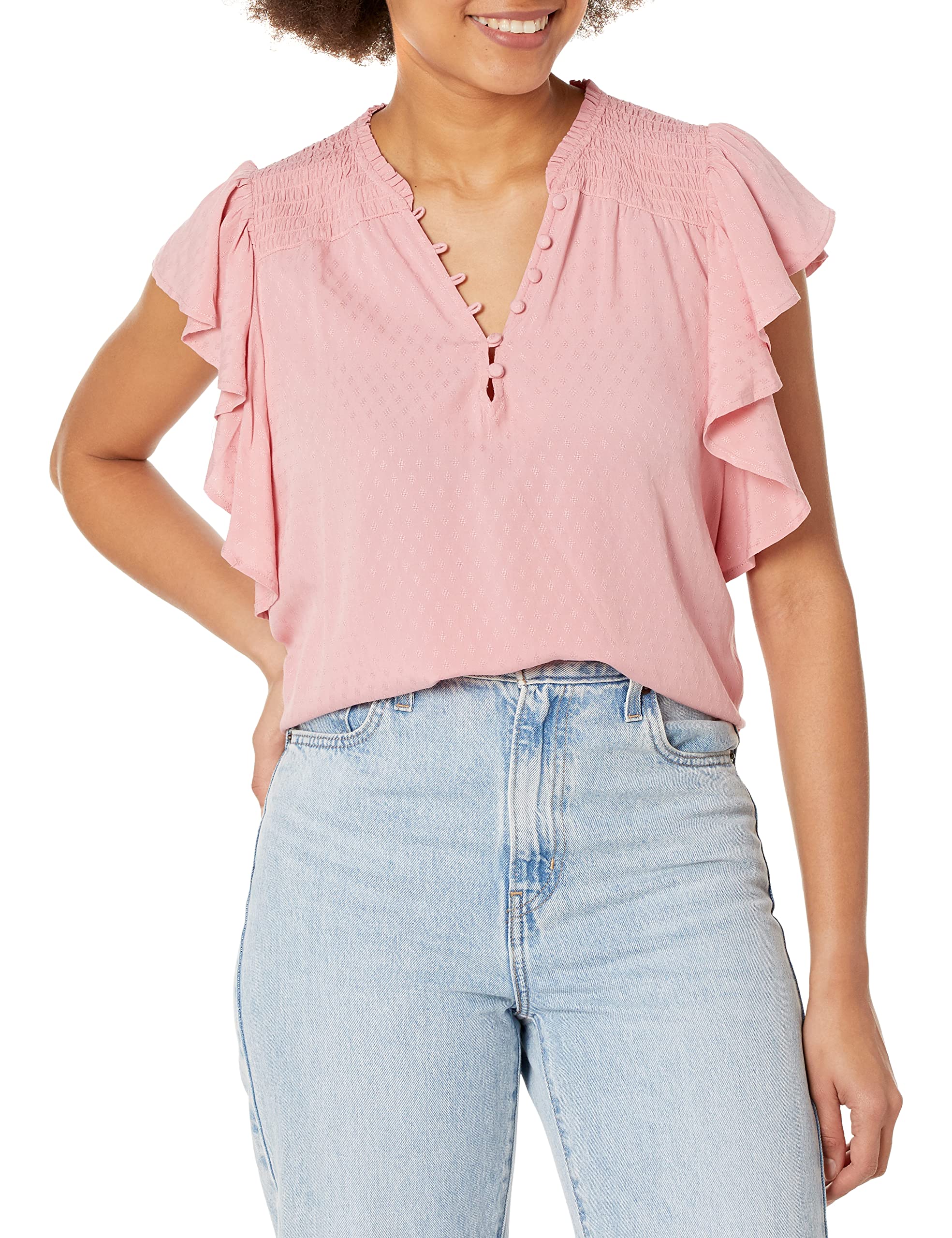 PAIGE Women's Dewan Top Flutter Sleeve Blouse with Cascading Ruffles & Diamond Pattern - Lipstick Pink Flowy Shirt for Casual Wear, Date Night & Office Outfits