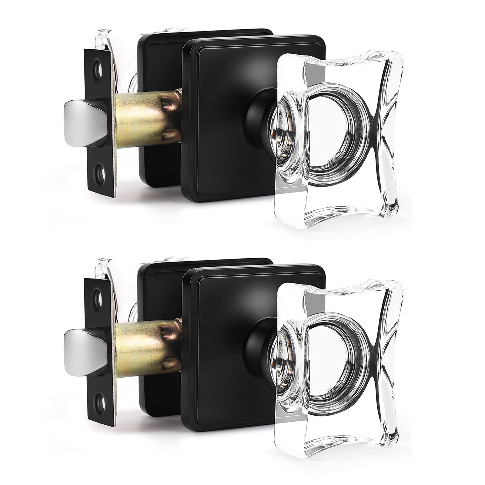 Gobrico 2 Pack Matte Black Crystal Passage Doorknobs with Square Rosette - Diamond Glass Door Handles for Interior Hallway, Closet & Pantry Doors - Perfect for Home, Office & Commercial Spaces