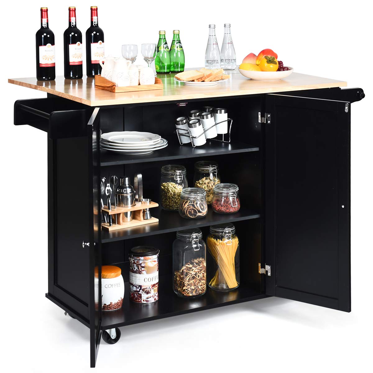 Giantex Kitchen Island Cart with Drop-Leaf Tabletop - Large Rolling Trolley with Cabinet, 3 Drawers & Towel Rack - Mobile Kitchen & Dining Organizer for Small Spaces, Meal Prep & Entertaining