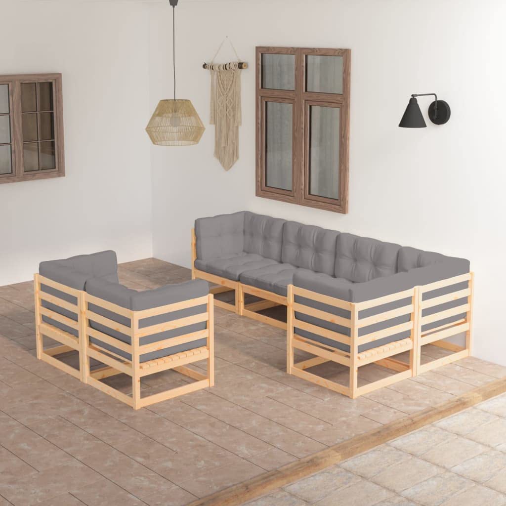 vidaXL 7-Piece Solid Pinewood Patio Lounge Set with Gray Cushions - Easy Assembly Outdoor Furniture - Customizable Configurations for Backyard, Poolside & Garden Relaxation