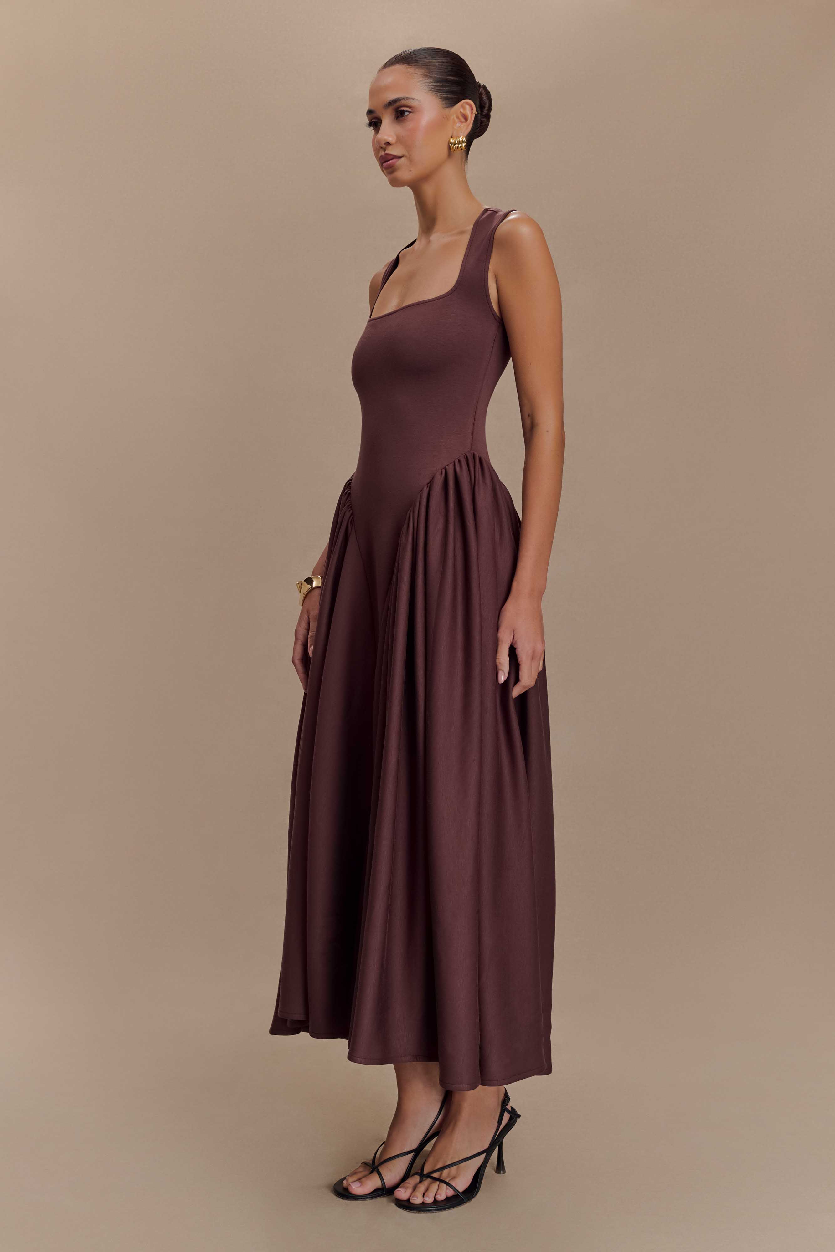 Sharon Scuba Jersey Midi Dress in Cacao Brown - Perfect for Beach Vacations, Summer Parties & Casual Outings