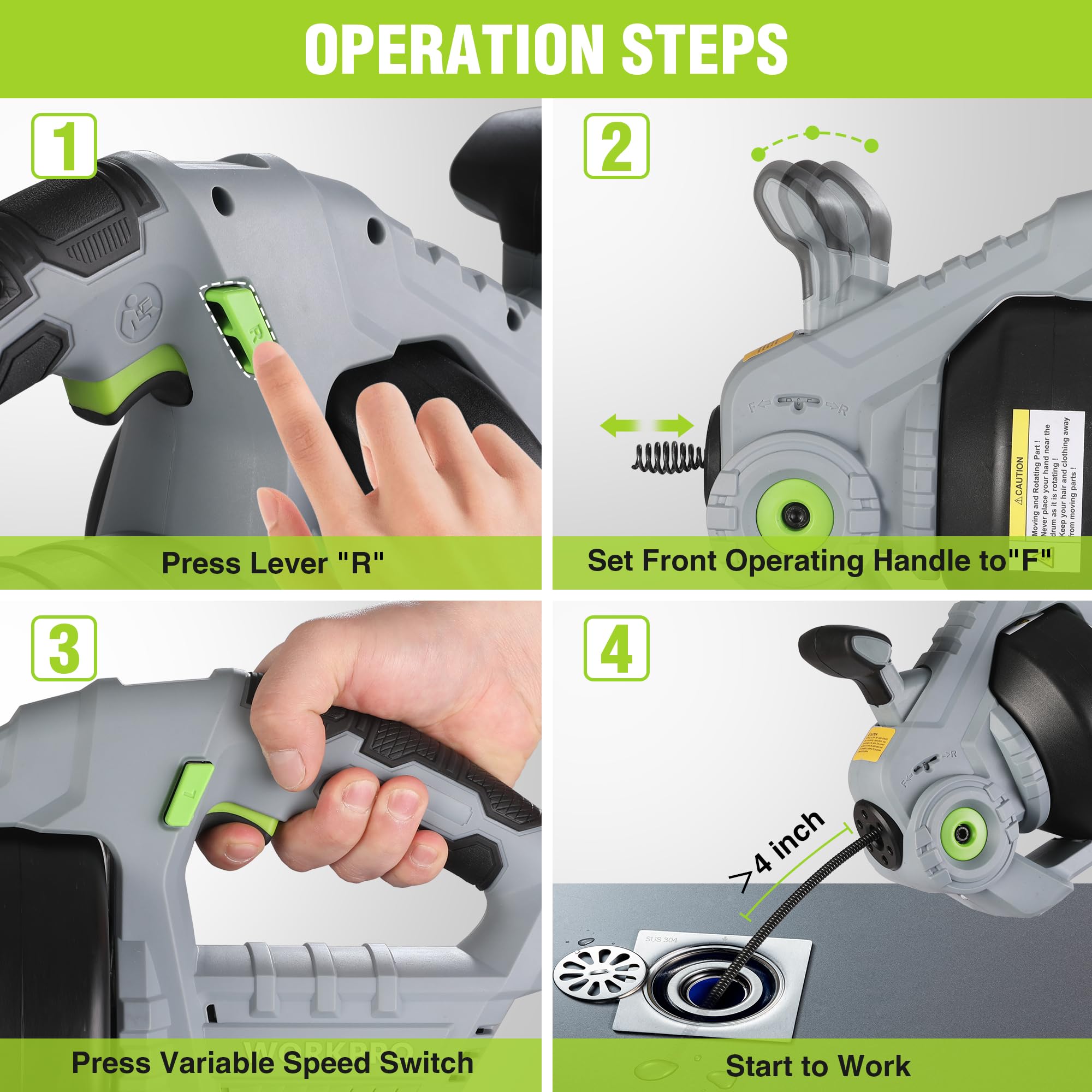WORKPRO 20V Cordless Drain Auger Snake Kit - 25Ft Heavy Duty Plumbing Snake with 2.0AH Battery & Charger for Clogged Toilet, Shower, Sink, Sewer Line (Fits 3/4
