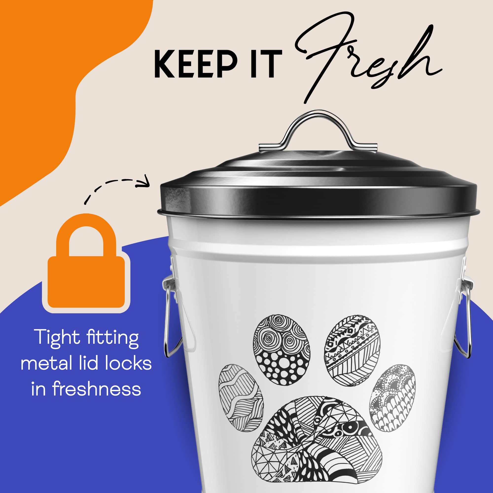 Amici Home Zentangle Pet Paw Canister - Airtight Dog & Cat Food Storage Container with Lid - 17 lbs Metal Bin for Dry Kibble - Modern Kitchen & Pantry Organization for Pet Owners